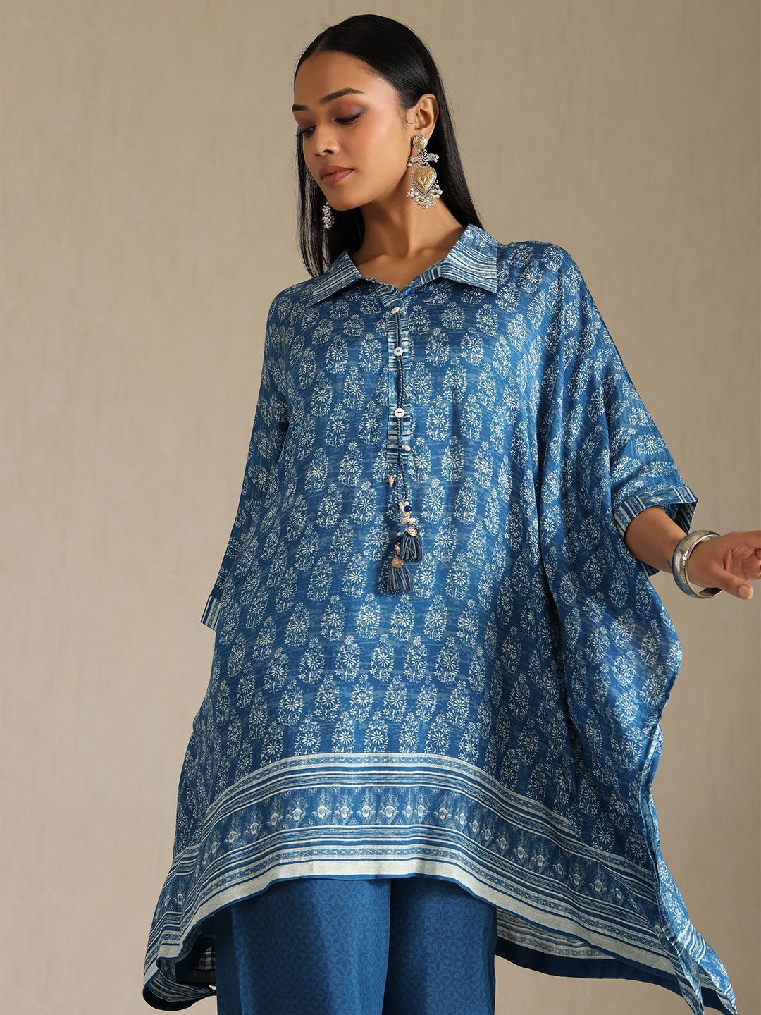 Dhiyona SO Women's Floral Printed Thread Work Kaftan Kurta with Trouser