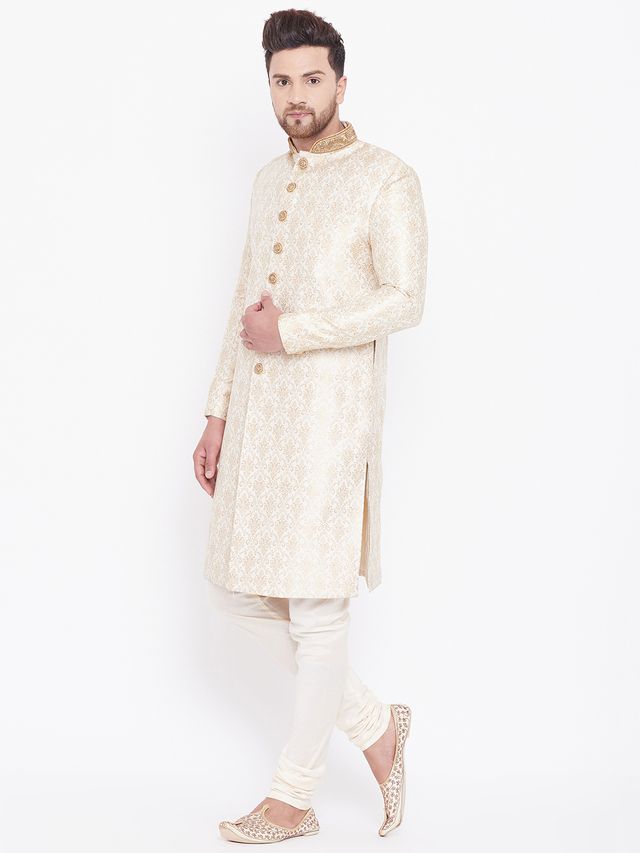 Men's Beige And Gold Silk Blend Straight Sherwani Set