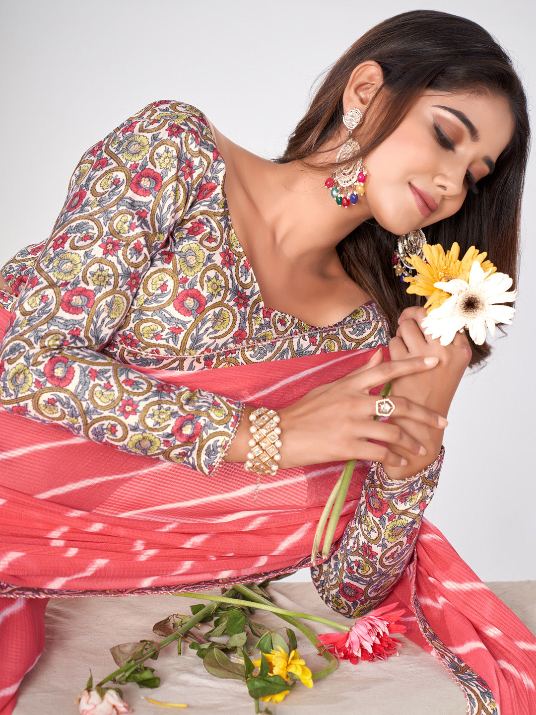 Women's Georgette Cream Embellished Designer Saree With Blouse Piece
