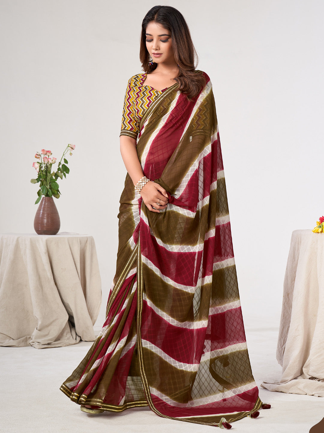 Women's Georgette Mustard Embellished Designer Saree With Blouse Piece