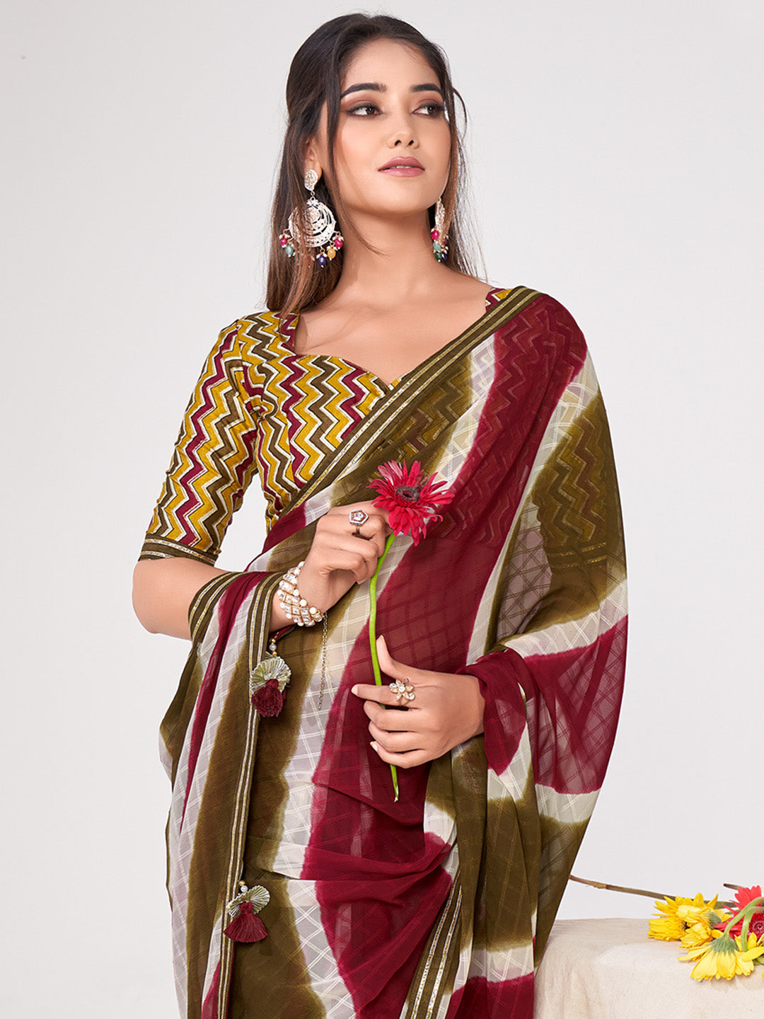 Women's Georgette Mustard Embellished Designer Saree With Blouse Piece