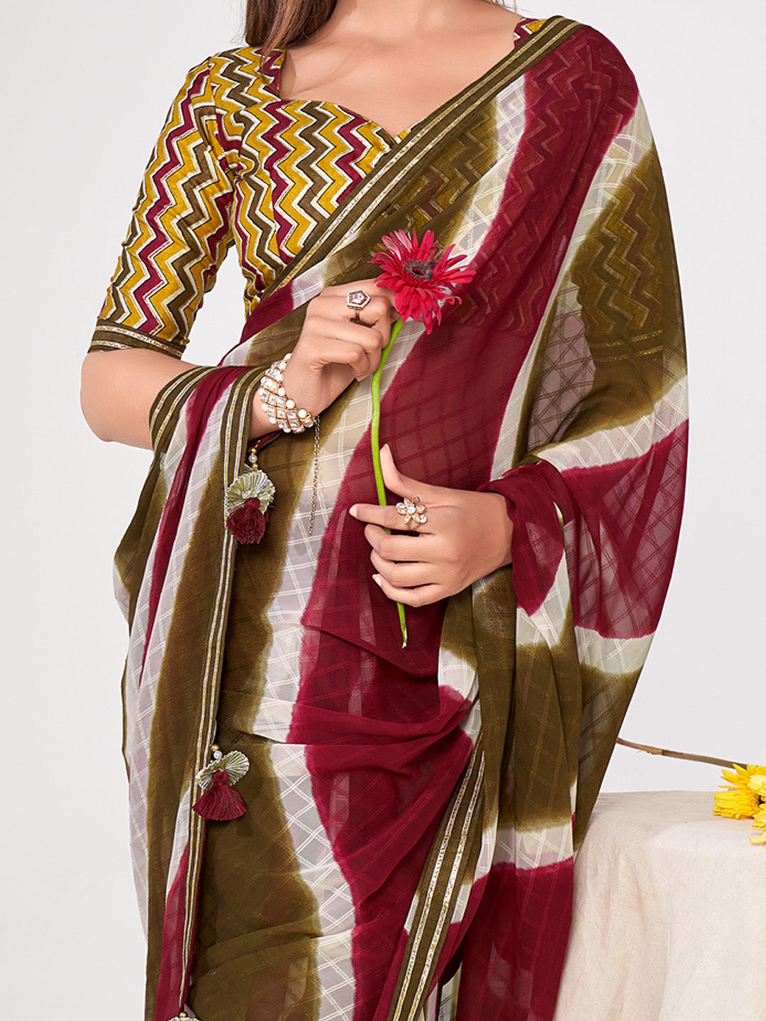 Women's Georgette Mustard Embellished Designer Saree With Blouse Piece