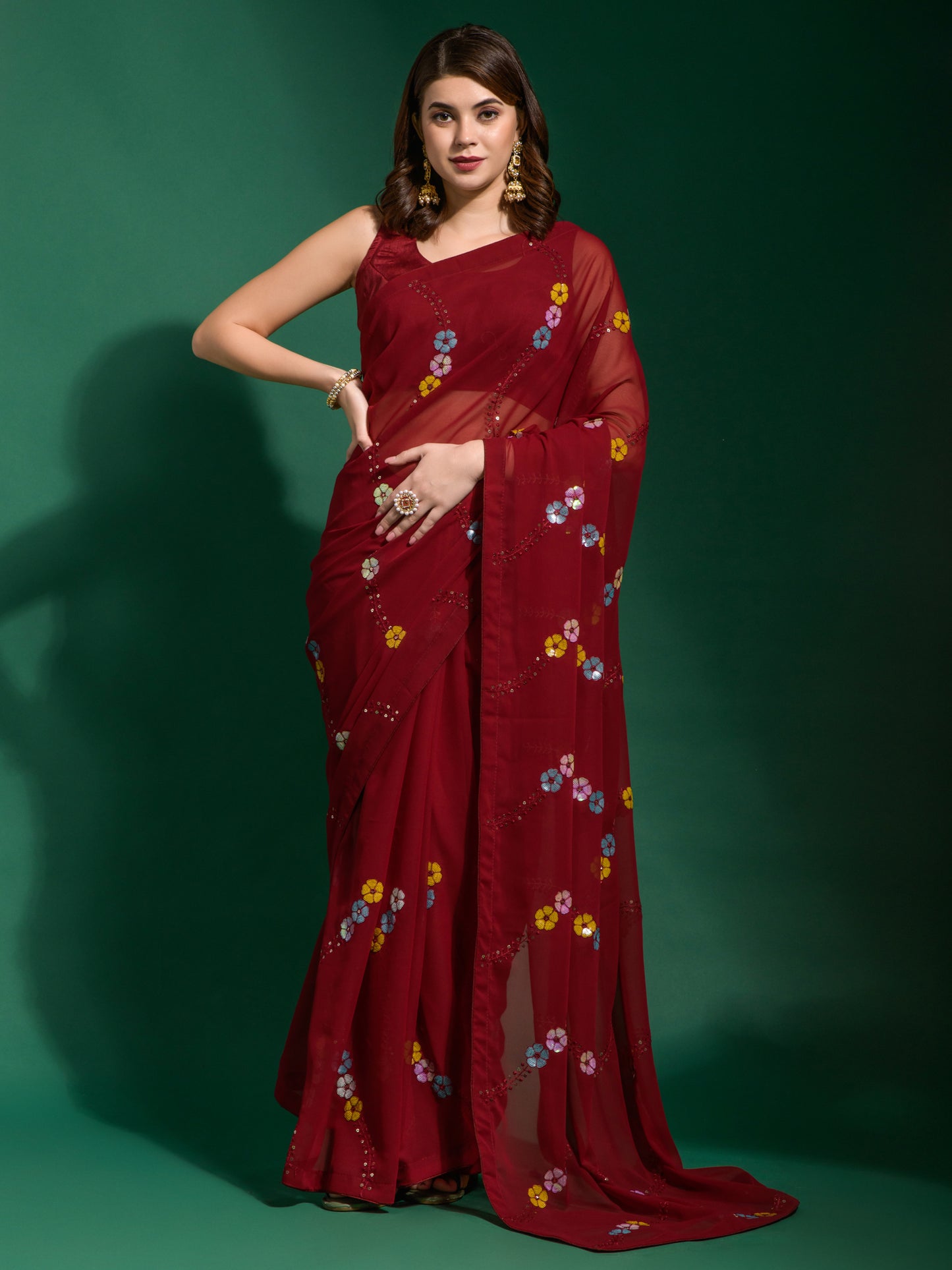 Women's Georgette Maroon Embellished Designer Saree With Blouse Piece