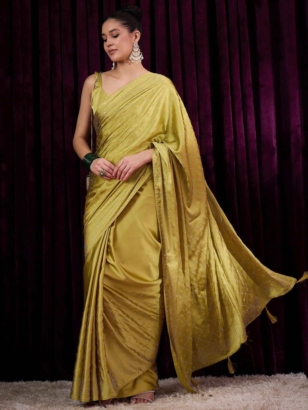 Women's Satin Silk Mustard Embellished Designer Saree With Blouse Piece