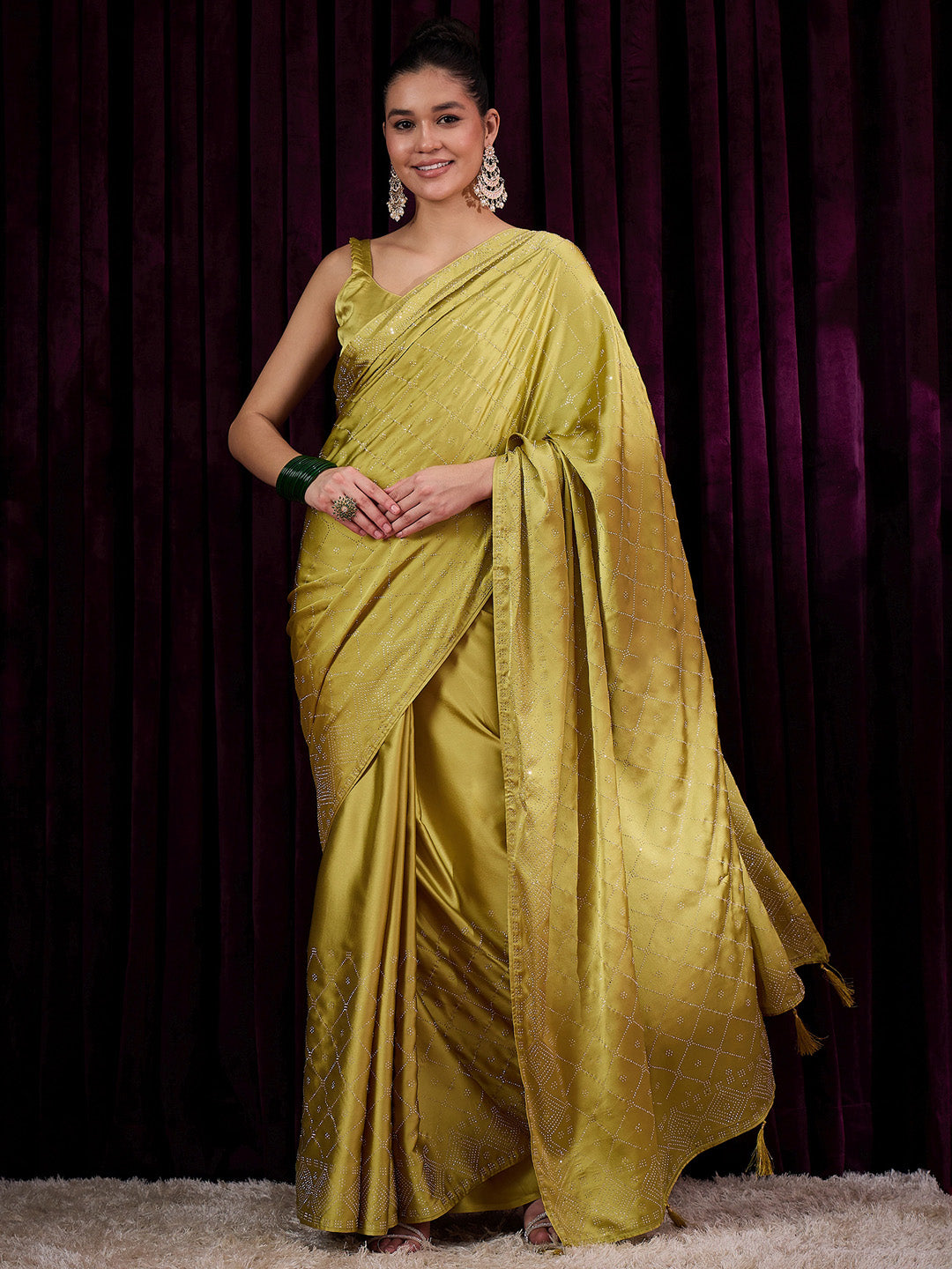 Women's Satin Silk Mustard Embellished Designer Saree With Blouse Piece