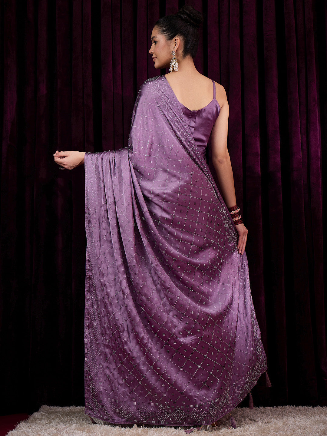 Women's Satin Silk Violet Embellished Designer Saree With Blouse Piece