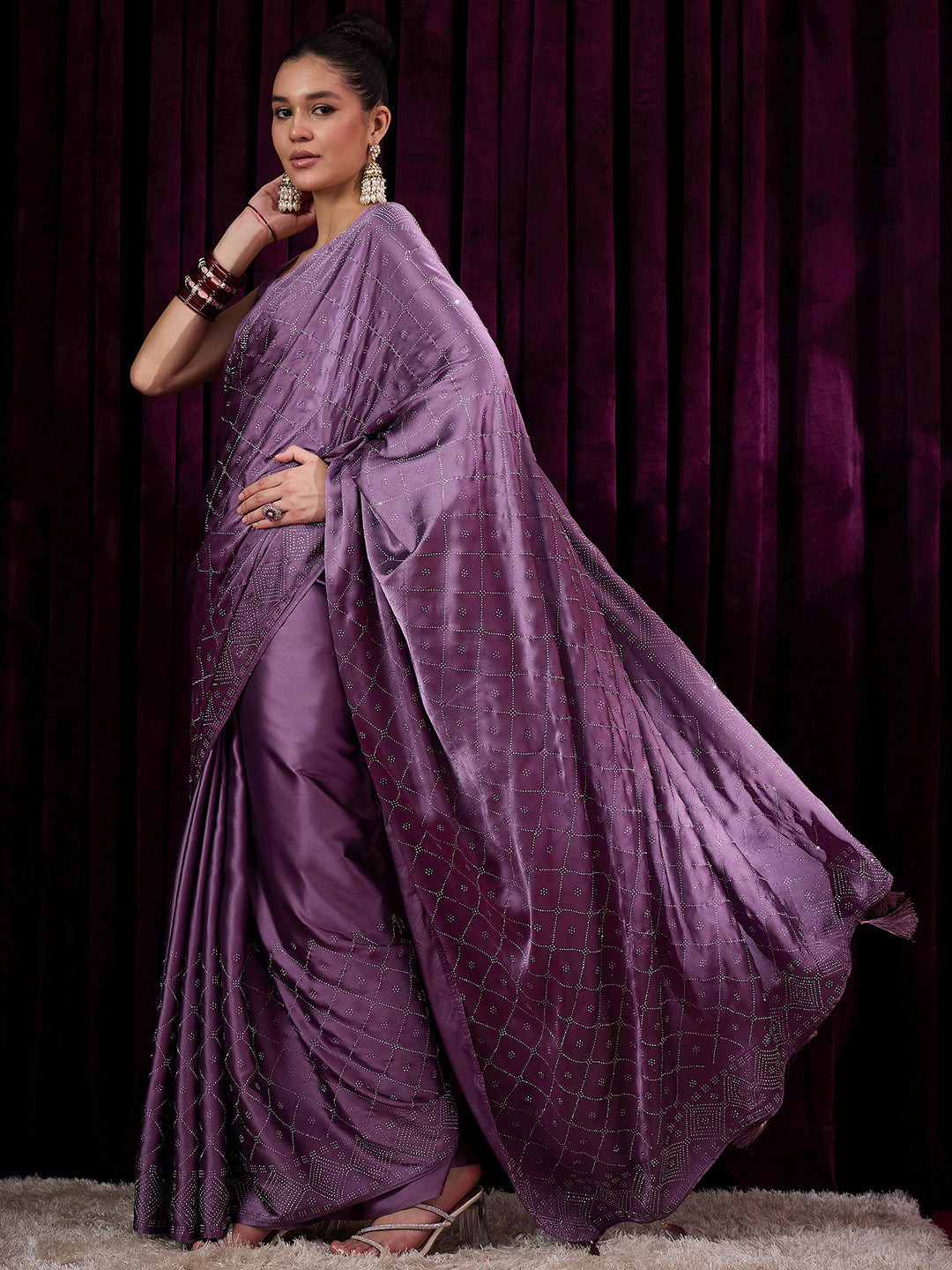 Women's Satin Silk Violet Embellished Designer Saree With Blouse Piece