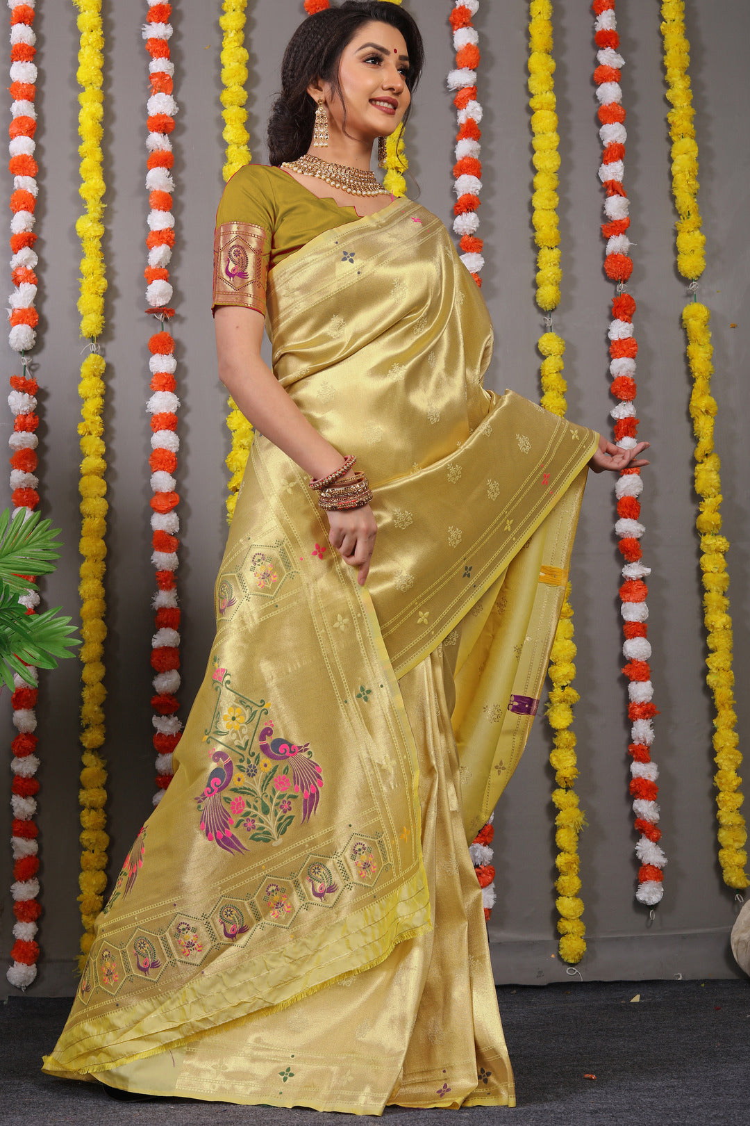 Dhiyona GR Women's Amrut Green Zari Paithani Silk Saree