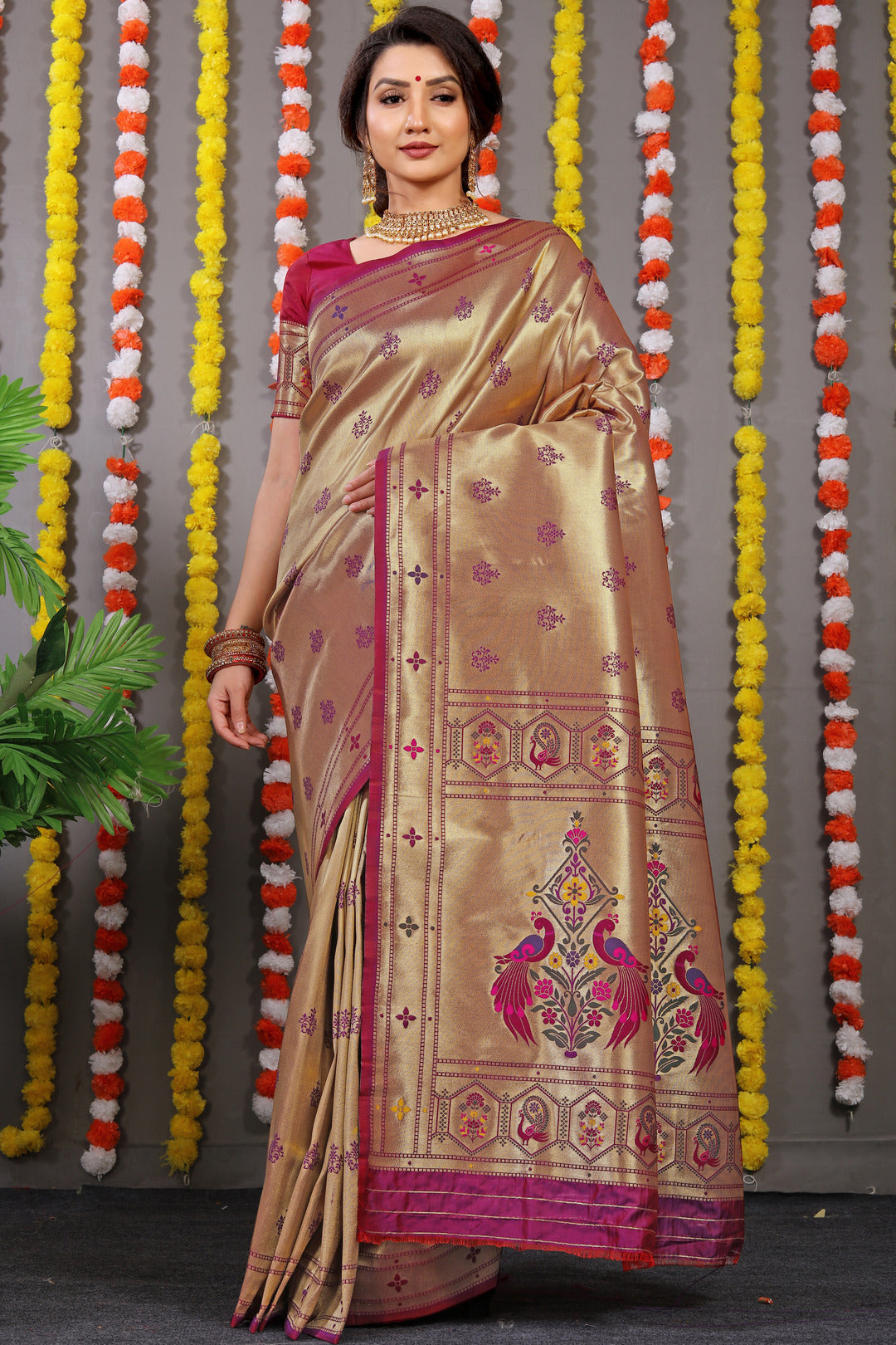 Dhiyona GR Women's Amrut Wine Zari Paithani Silk Saree