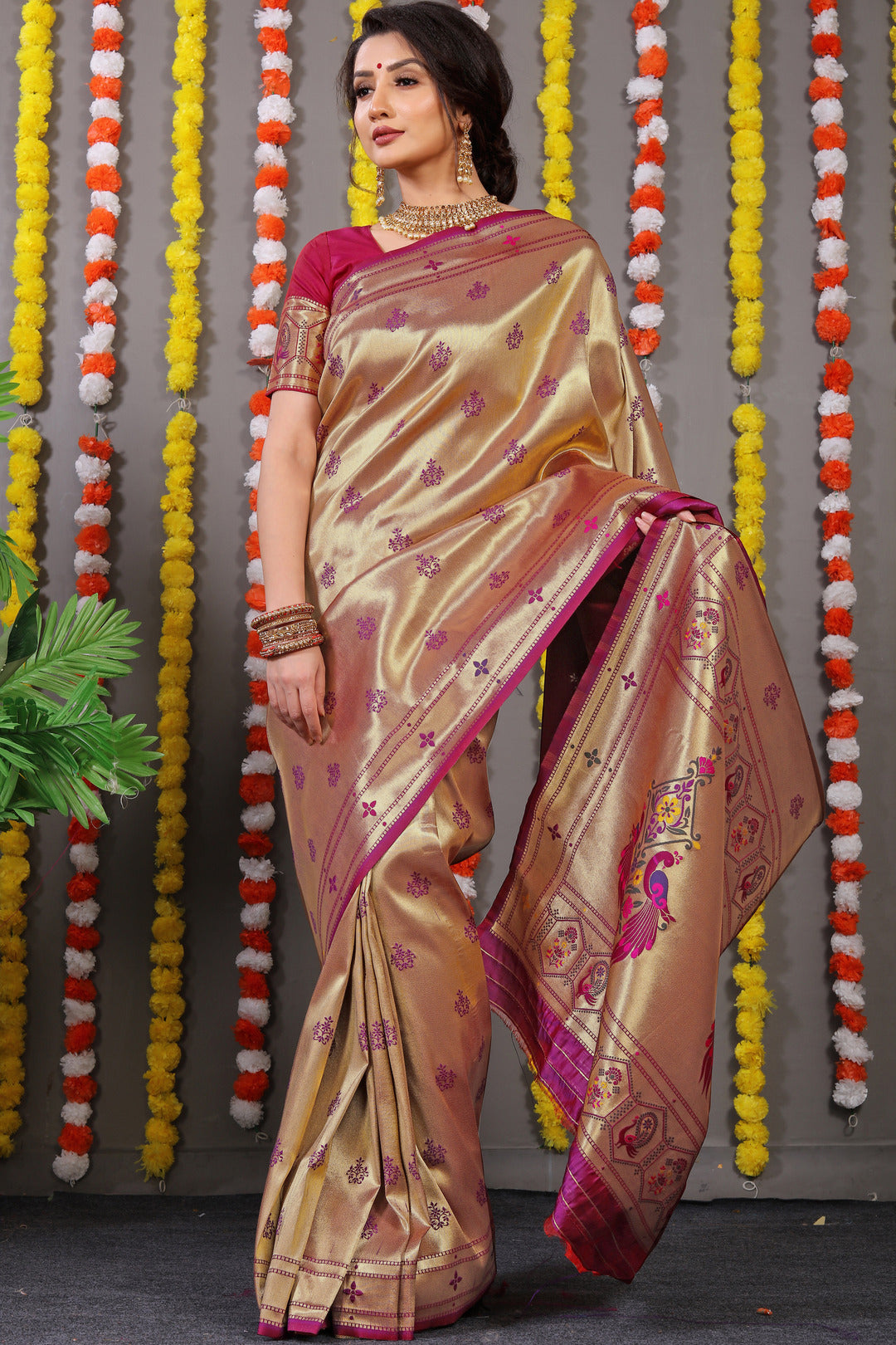 Dhiyona GR Women's Amrut Wine Zari Paithani Silk Saree
