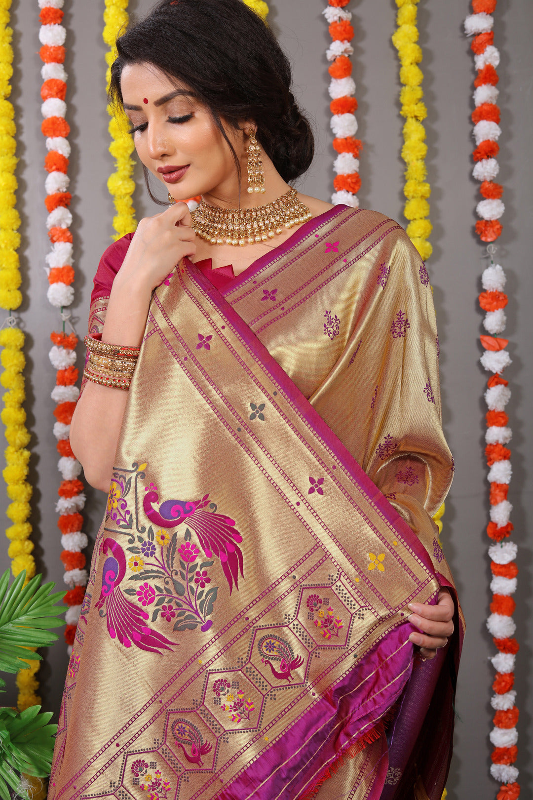 Dhiyona GR Women's Amrut Wine Zari Paithani Silk Saree