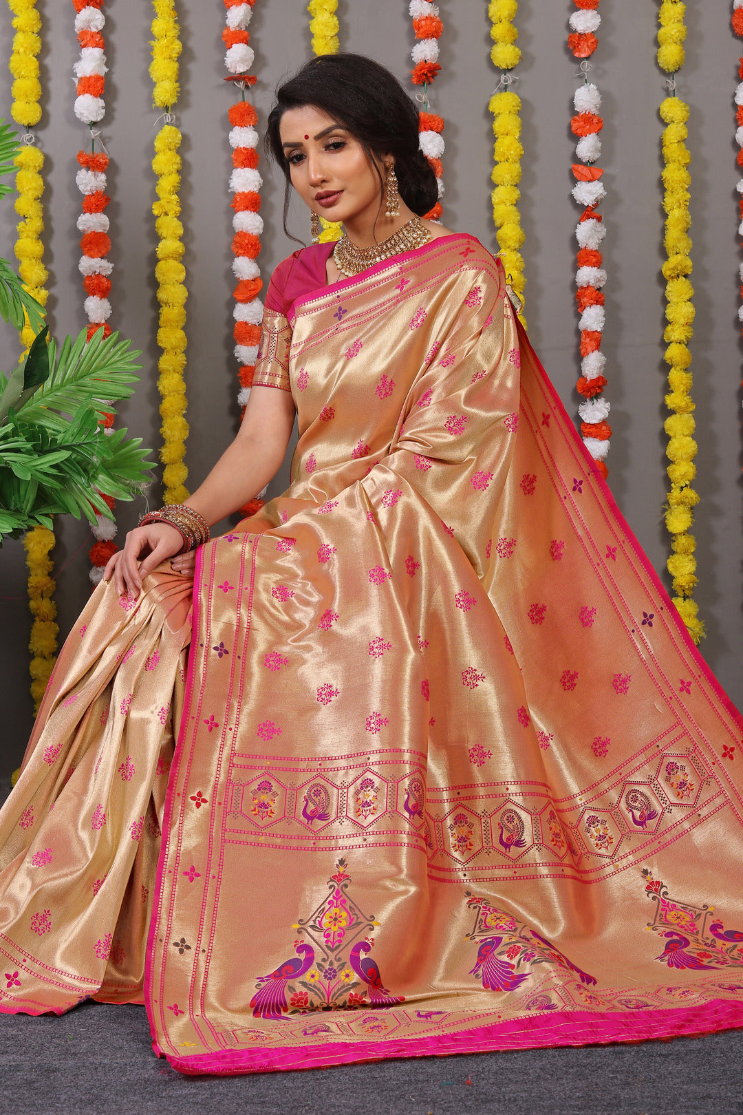 Dhiyona GR Women's Amrut Hot Pink Zari Paithani Silk Saree