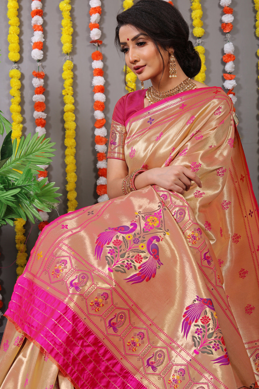 Dhiyona GR Women's Amrut Hot Pink Zari Paithani Silk Saree