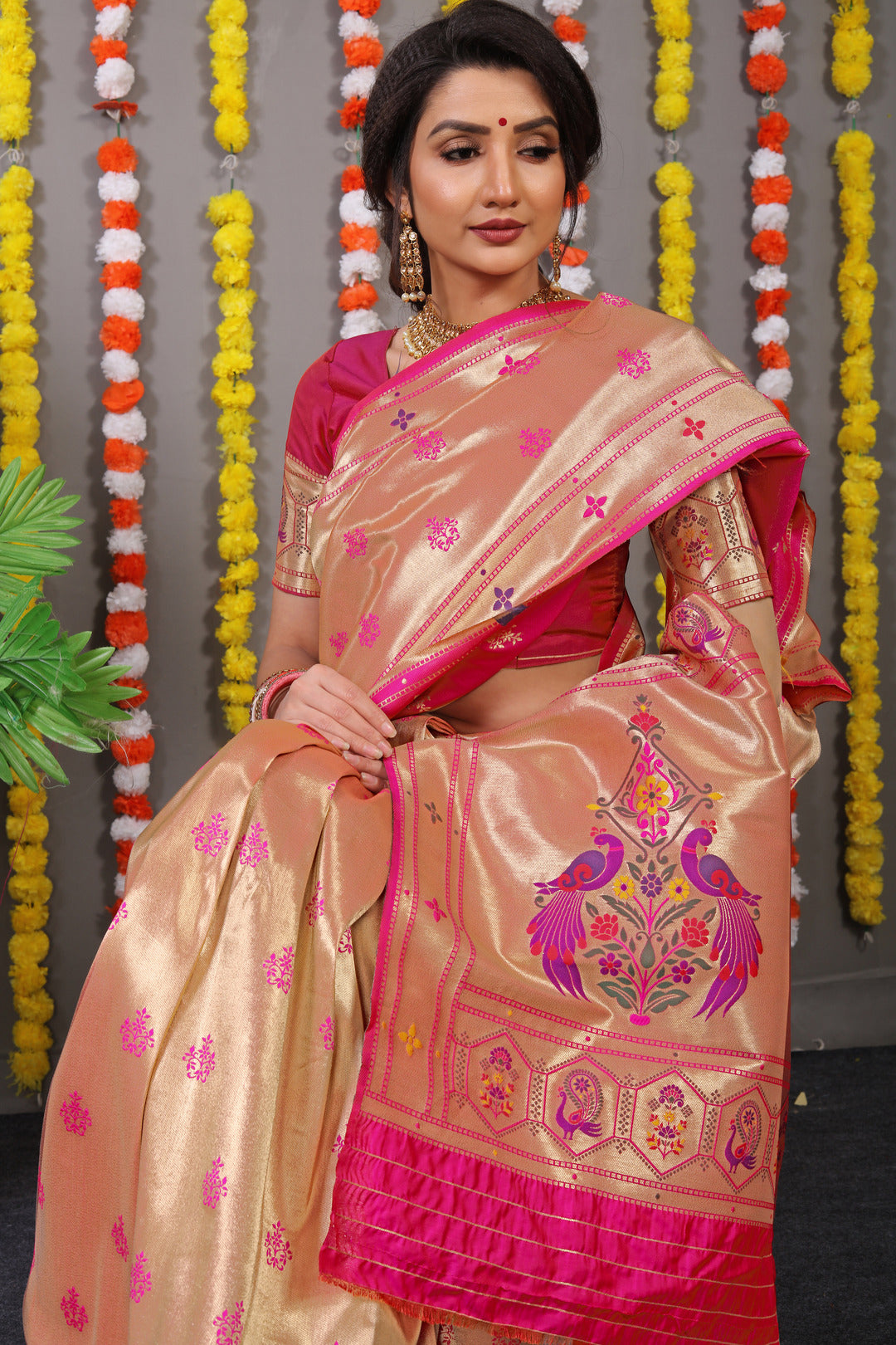 Dhiyona GR Women's Amrut Hot Pink Zari Paithani Silk Saree