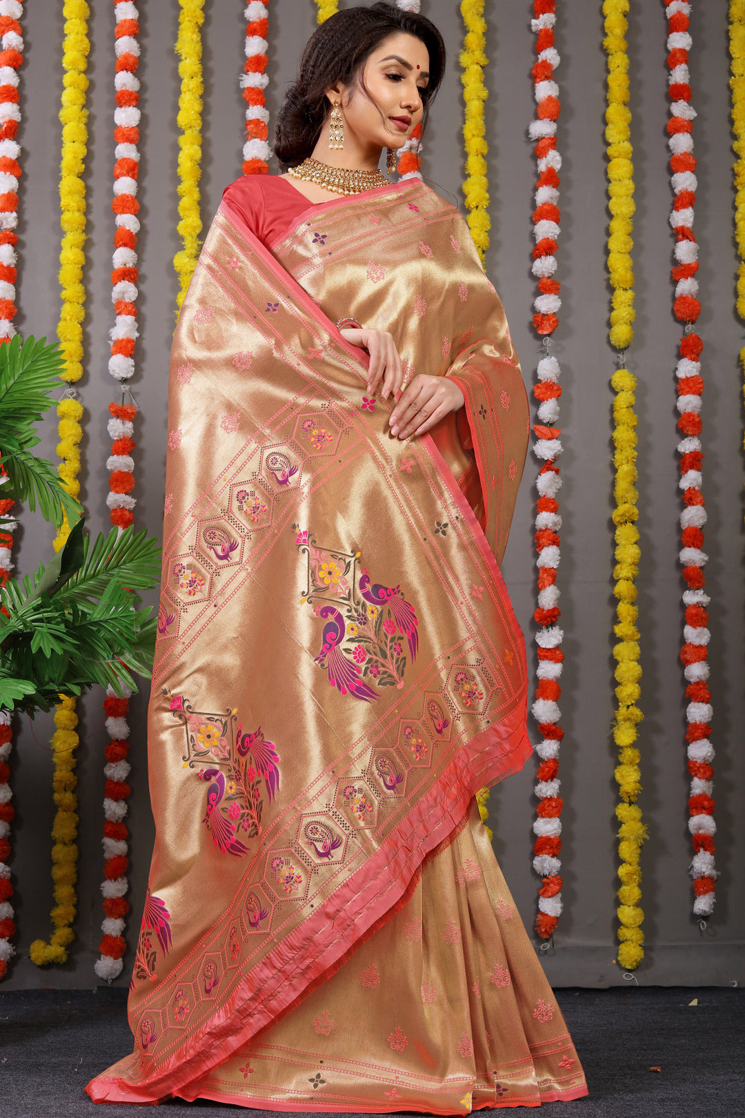 Dhiyona GR Women's Amrut Peachy Pink Zari Paithani Silk Saree