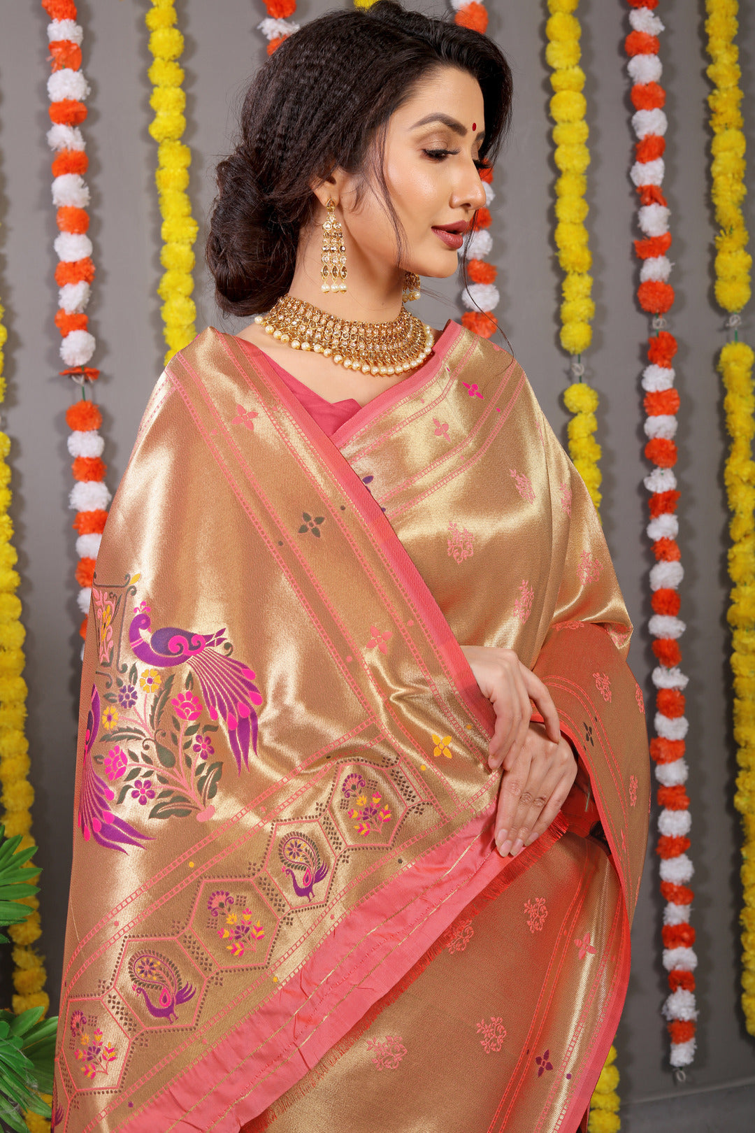 Dhiyona GR Women's Amrut Peachy Pink Zari Paithani Silk Saree