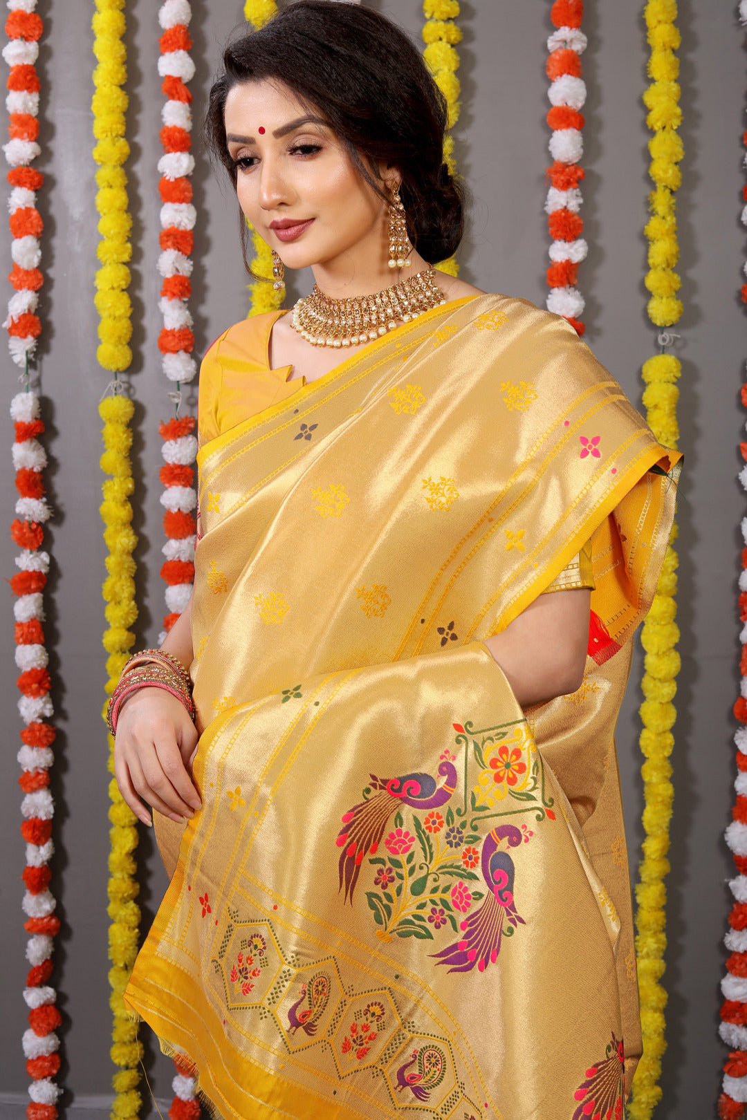 Dhiyona GR Women's Amrut Yellow Zari Paithani Silk Saree