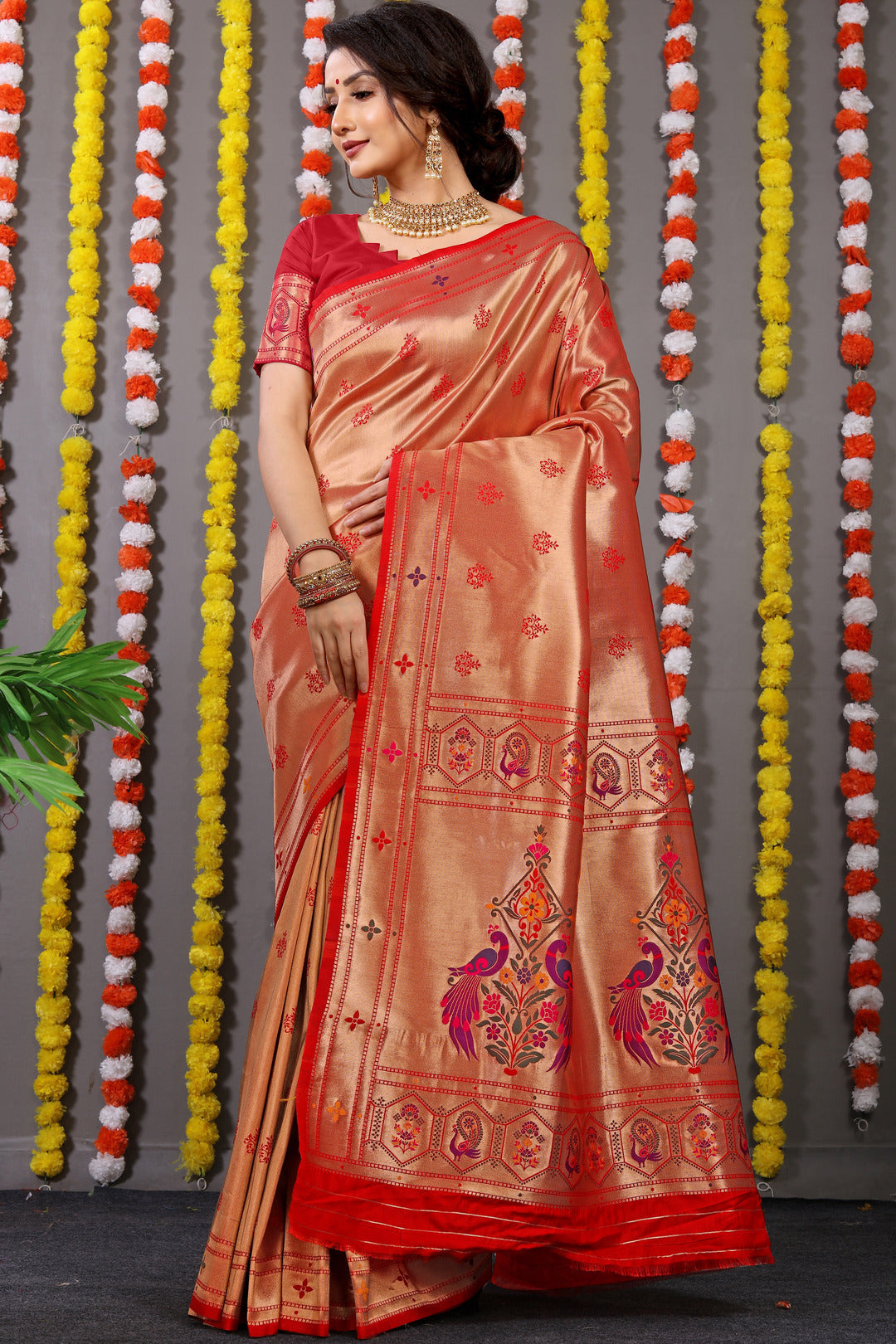 Dhiyona GR Women's Amrut Red Zari Paithani Silk Saree