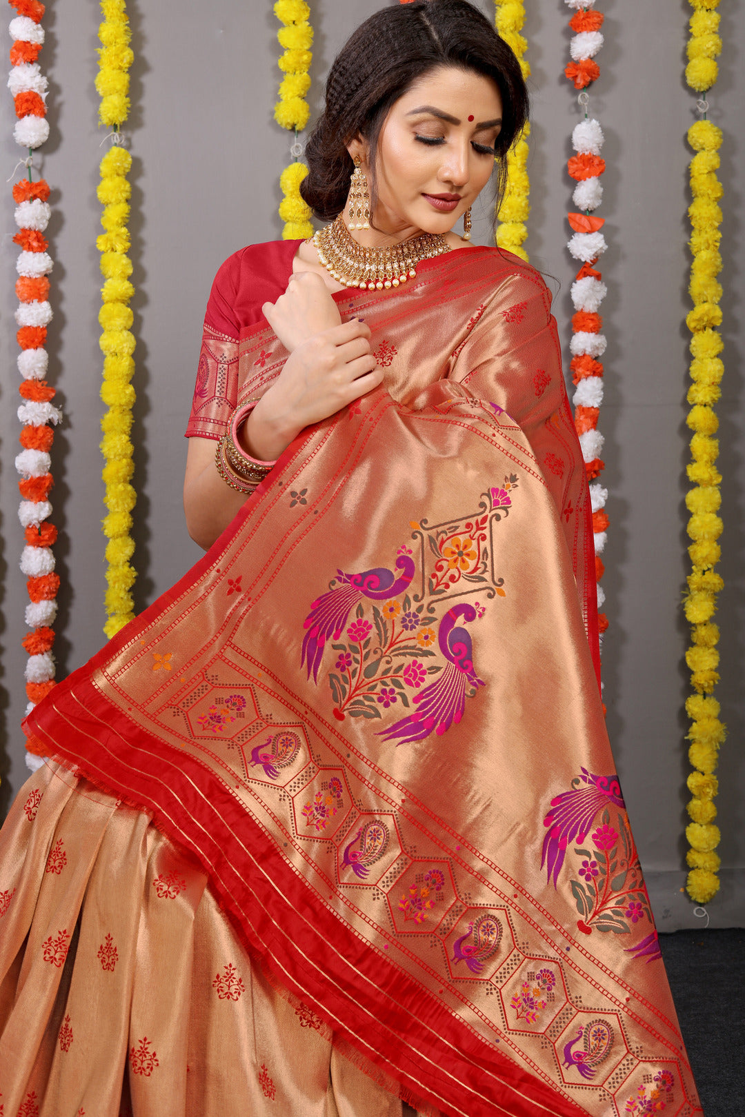 Dhiyona GR Women's Amrut Red Zari Paithani Silk Saree
