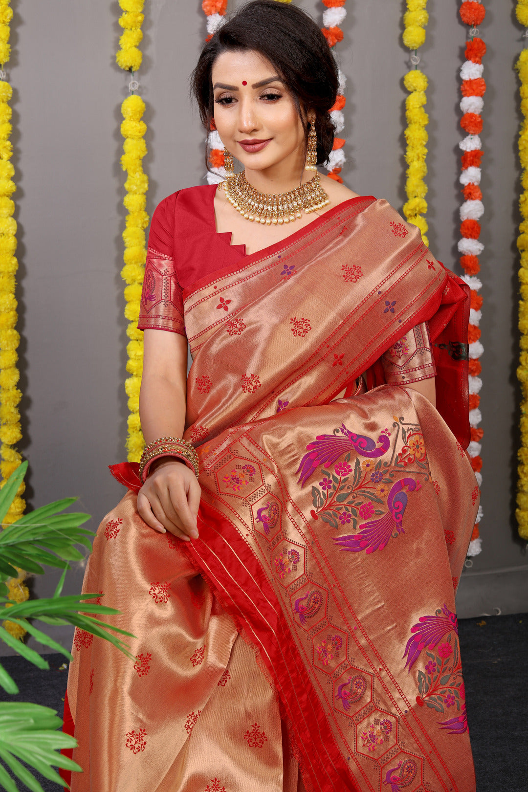 Dhiyona GR Women's Amrut Red Zari Paithani Silk Saree