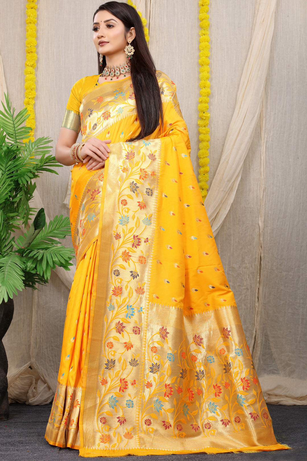 Dhiyona GR Women's Rajkumari Haldi Mustard Zari Paithani Silk Saree