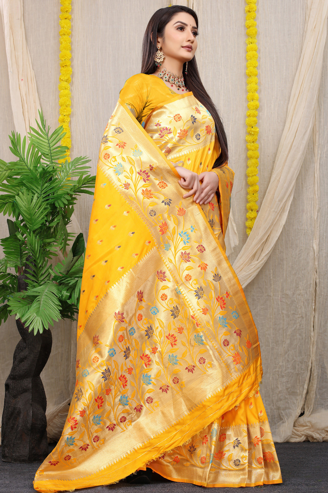 Dhiyona GR Women's Rajkumari Haldi Mustard Zari Paithani Silk Saree