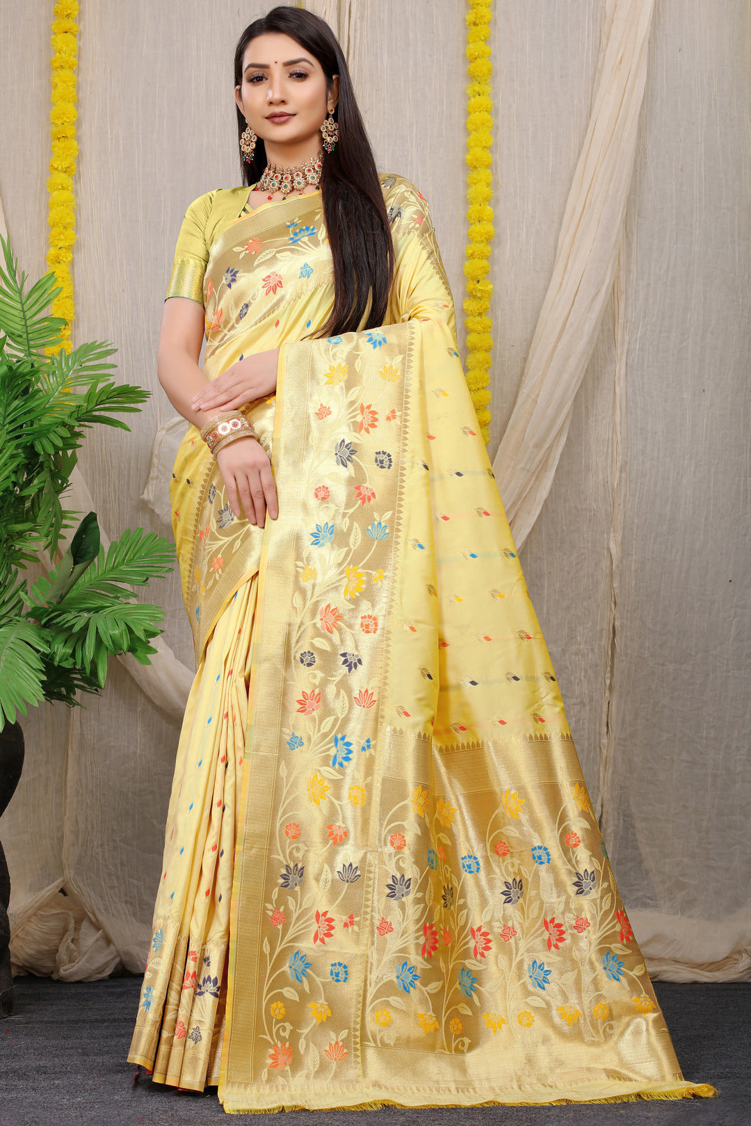 Dhiyona GR Women's Rajkumari Beige Zari Paithani Silk Saree