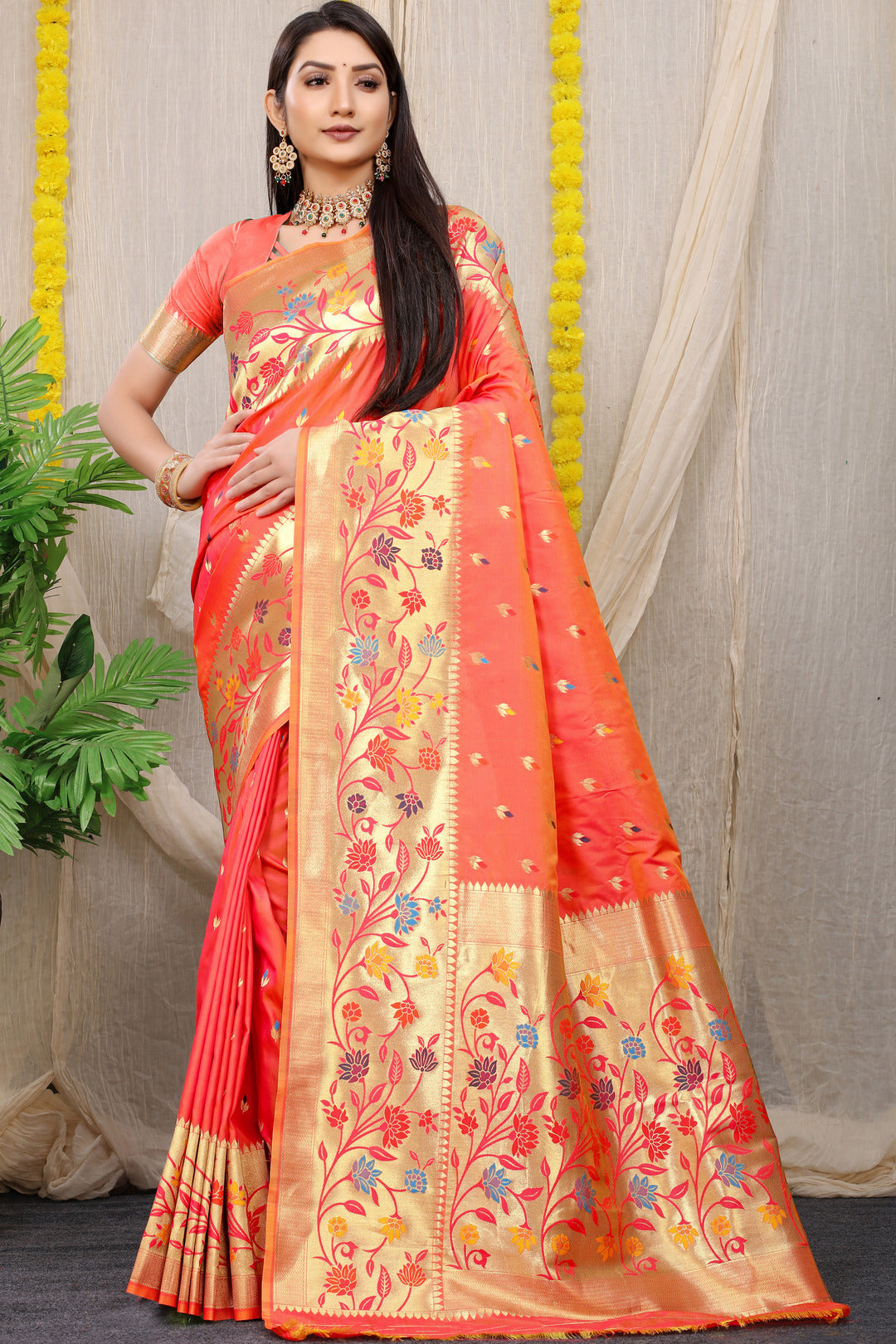 Dhiyona GR Women's Rajkumari Peachy Pink Zari Paithani Silk Saree