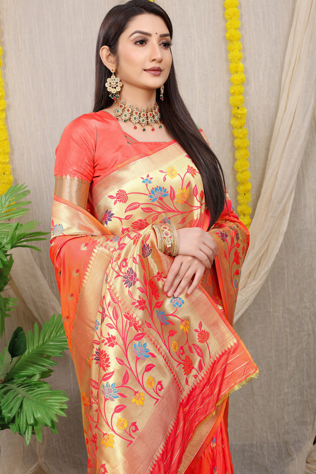 Dhiyona GR Women's Rajkumari Peachy Pink Zari Paithani Silk Saree