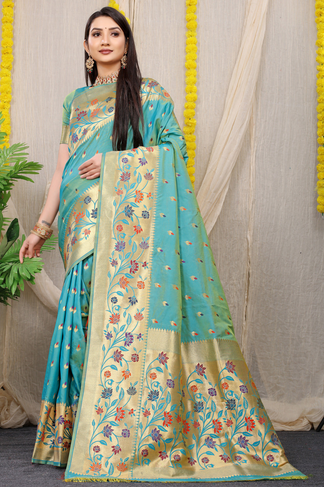 Dhiyona GR Women's Rajkumari Turquoise Zari Paithani Silk Saree
