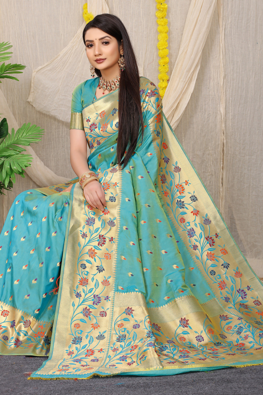 Dhiyona GR Women's Rajkumari Turquoise Zari Paithani Silk Saree