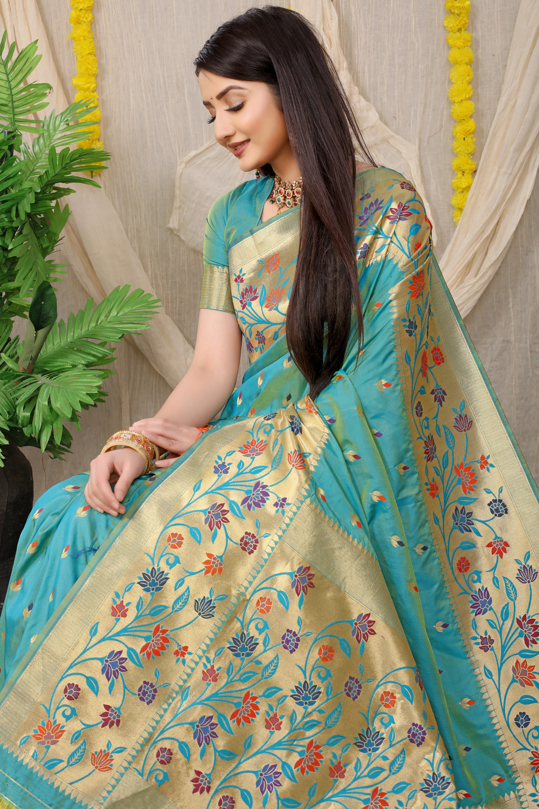 Dhiyona GR Women's Rajkumari Turquoise Zari Paithani Silk Saree