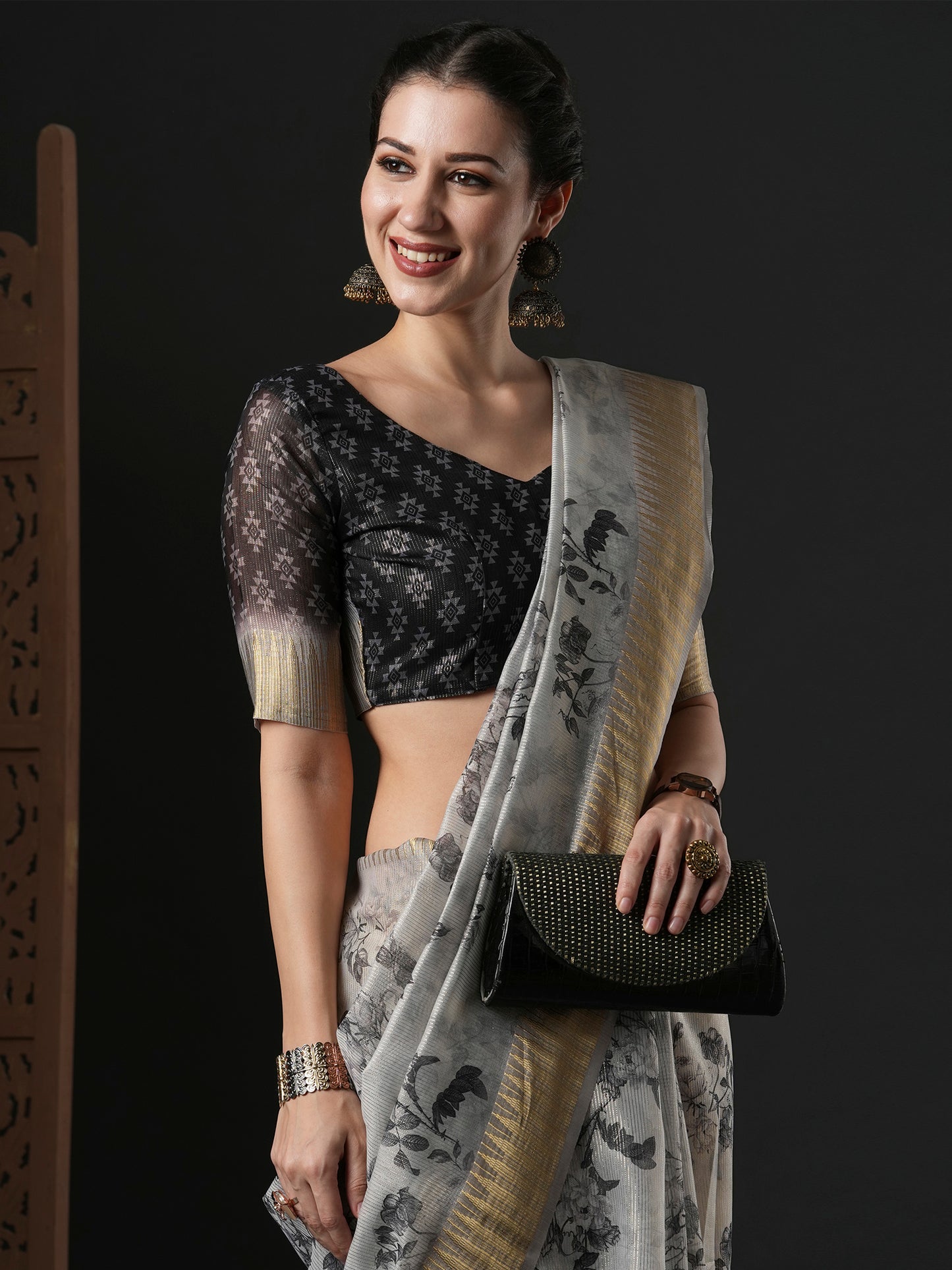 Women's Organza Grey Printed Designer Saree With Blouse Piece