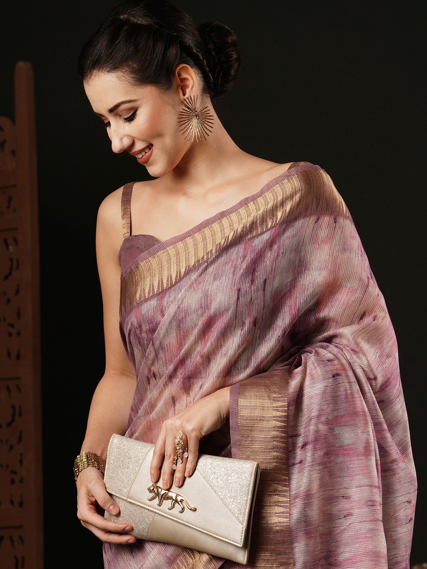 Women's Organza Mauve Printed Designer Saree With Blouse Piece