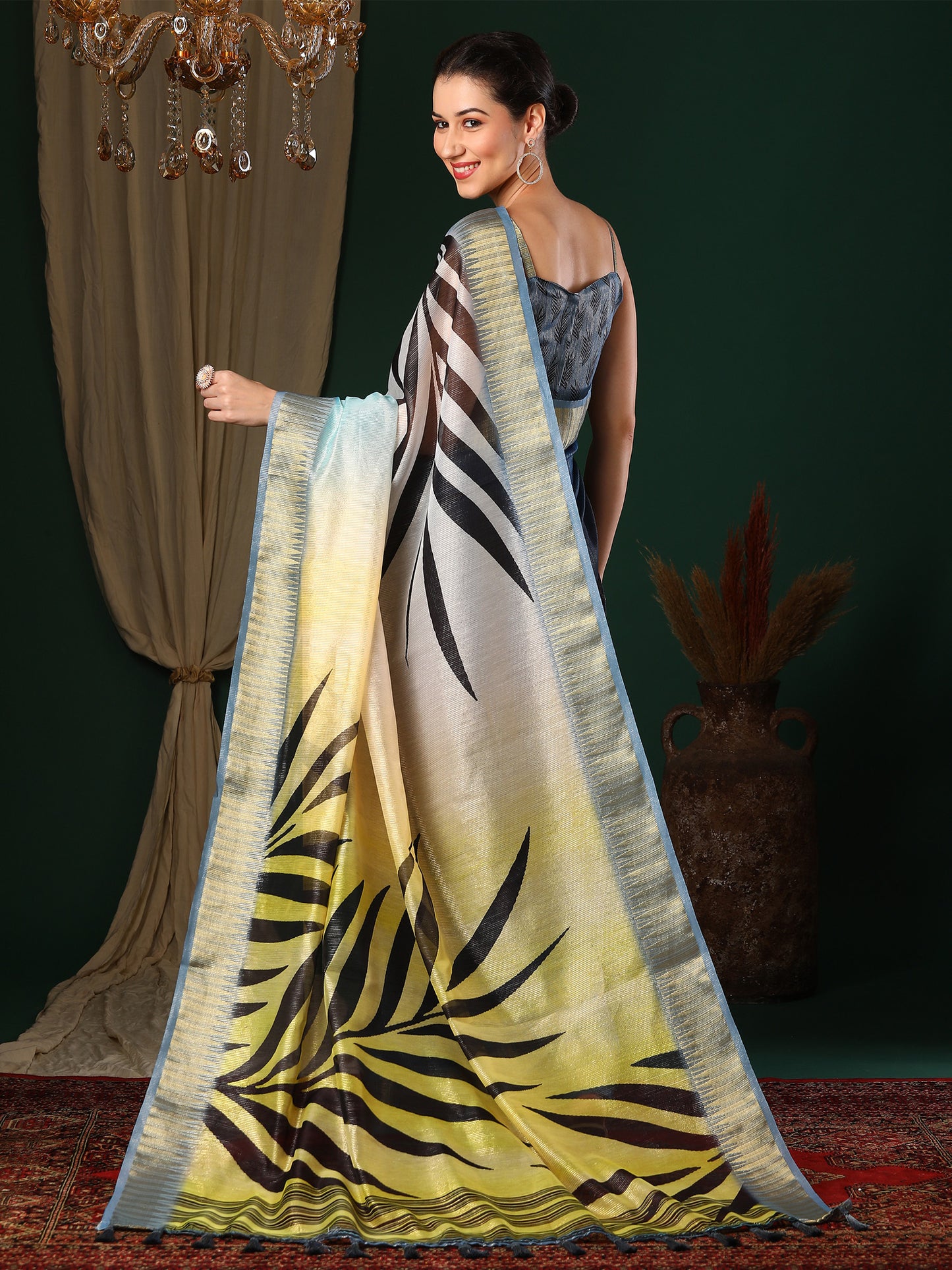 Women's Organza Navy Blue Printed Designer Saree With Blouse Piece