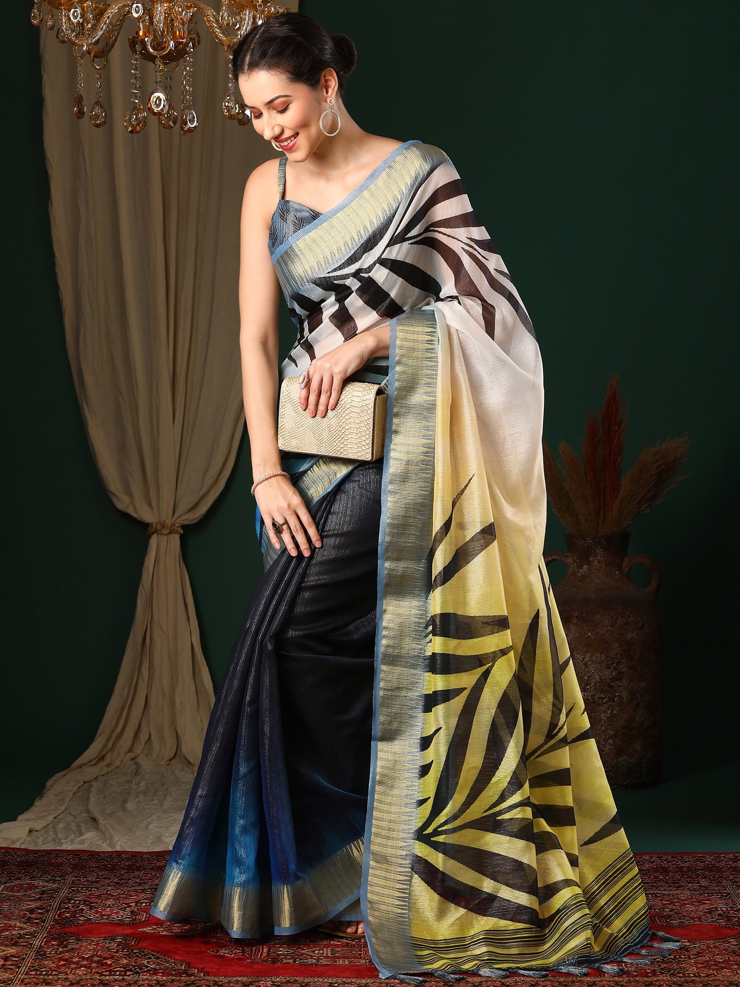 Women's Organza Navy Blue Printed Designer Saree With Blouse Piece