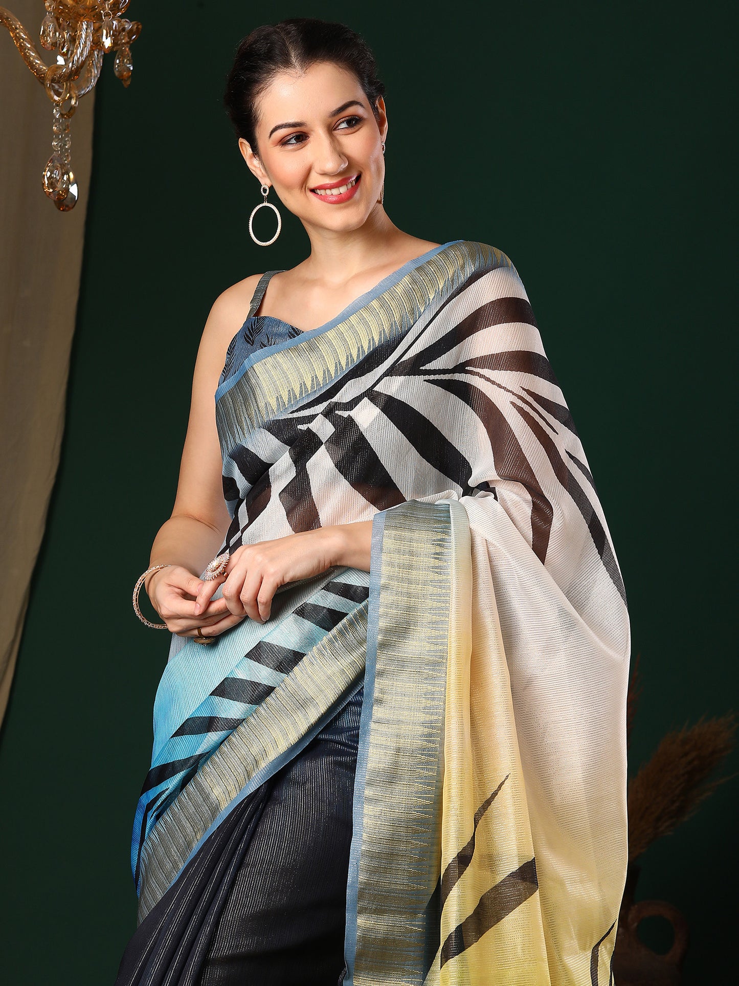 Women's Organza Navy Blue Printed Designer Saree With Blouse Piece