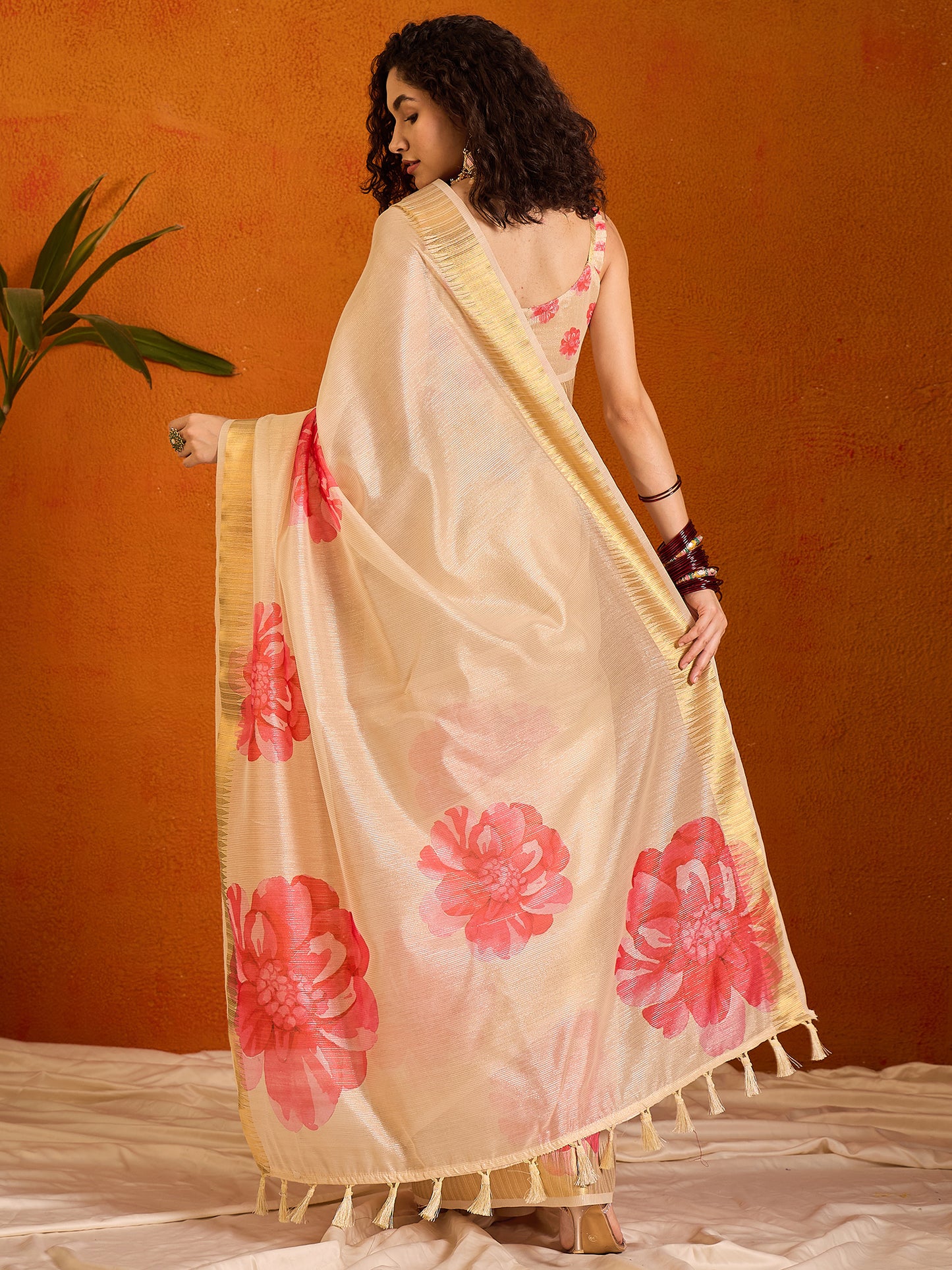 Women's Organza Beige Printed Designer Saree With Blouse Piece