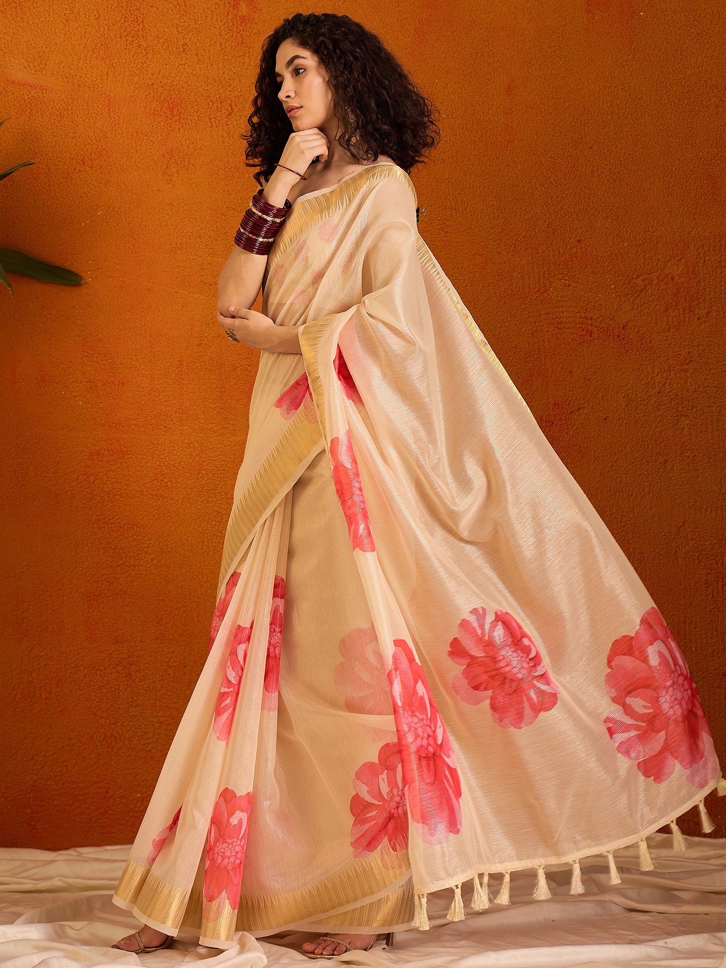 Women's Organza Beige Printed Designer Saree With Blouse Piece