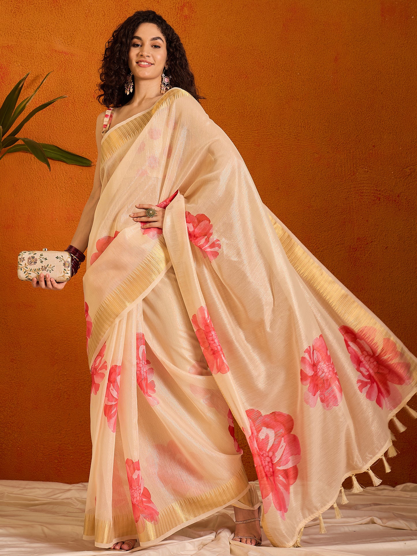 Women's Organza Beige Printed Designer Saree With Blouse Piece