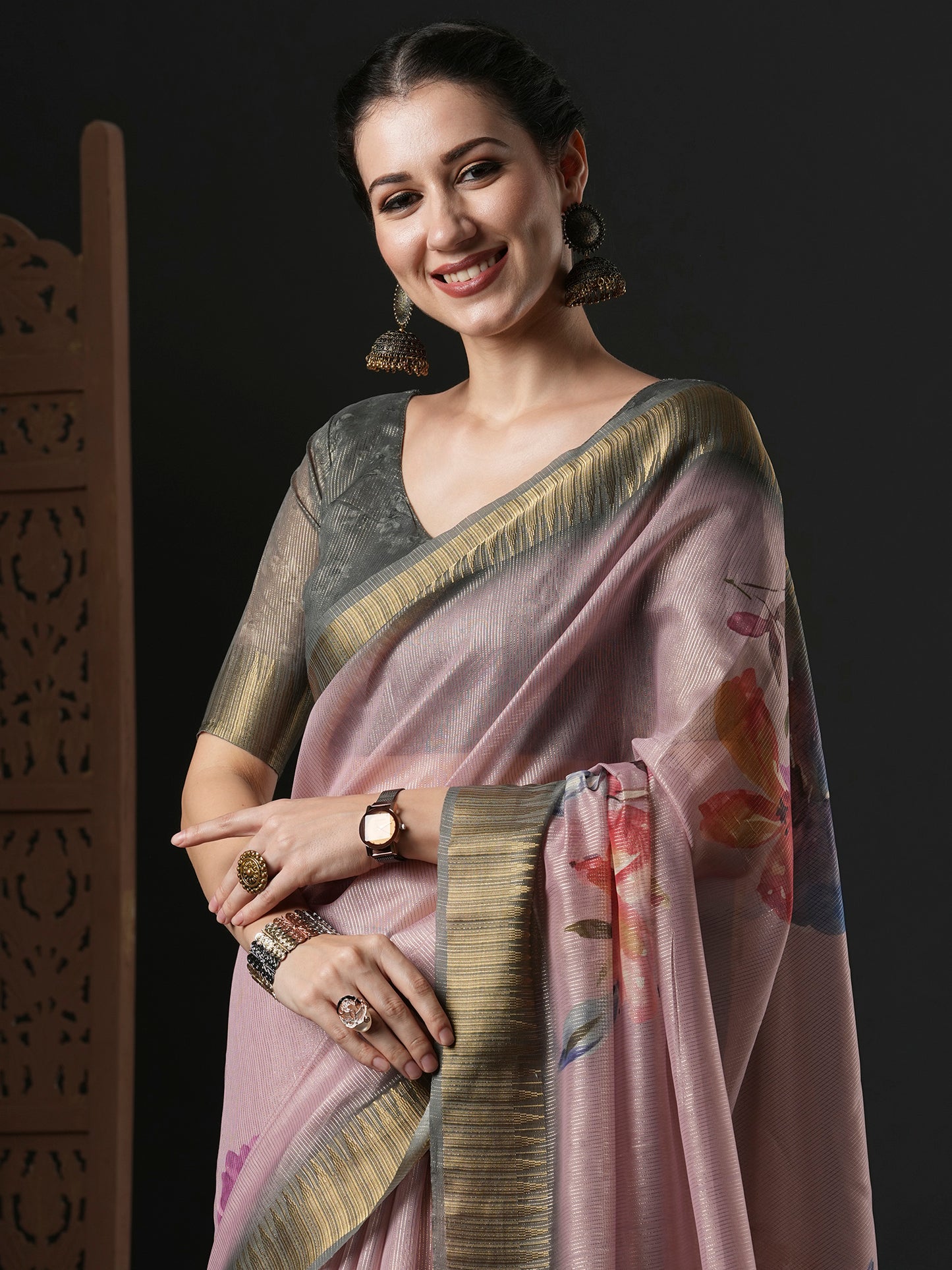 Women's Organza Mauve Printed Designer Saree With Blouse Piece