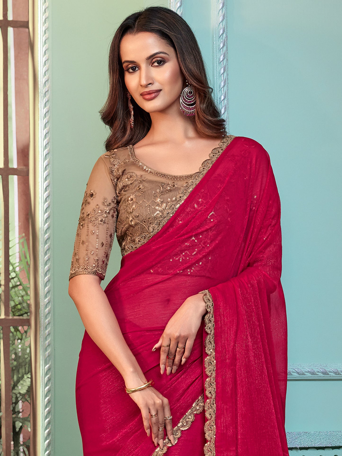 Women's Georgette Pink Embellished Designer Saree With Blouse Piece