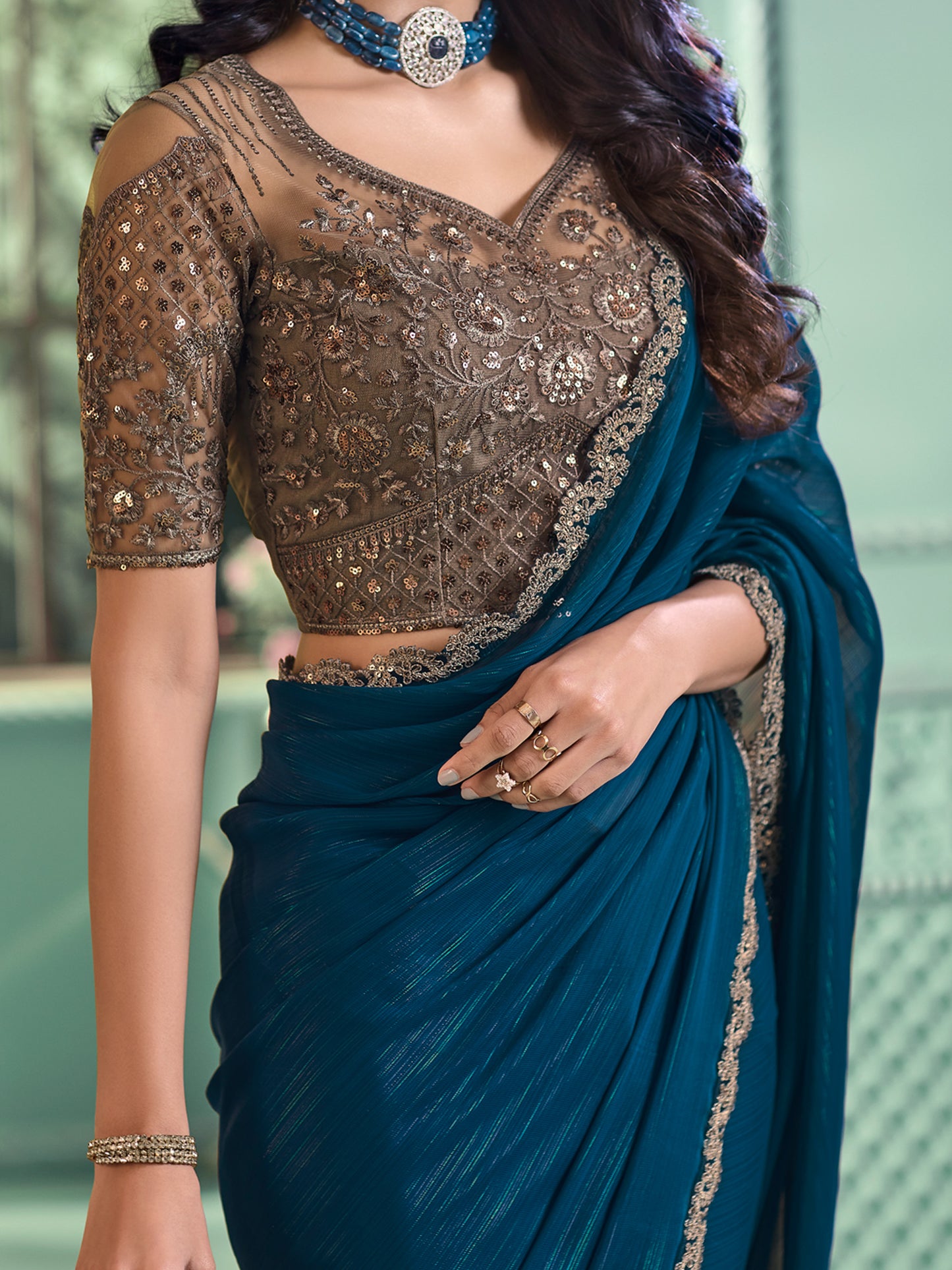 Women's Georgette Teal blue Embellished Designer Saree With Blouse Piece