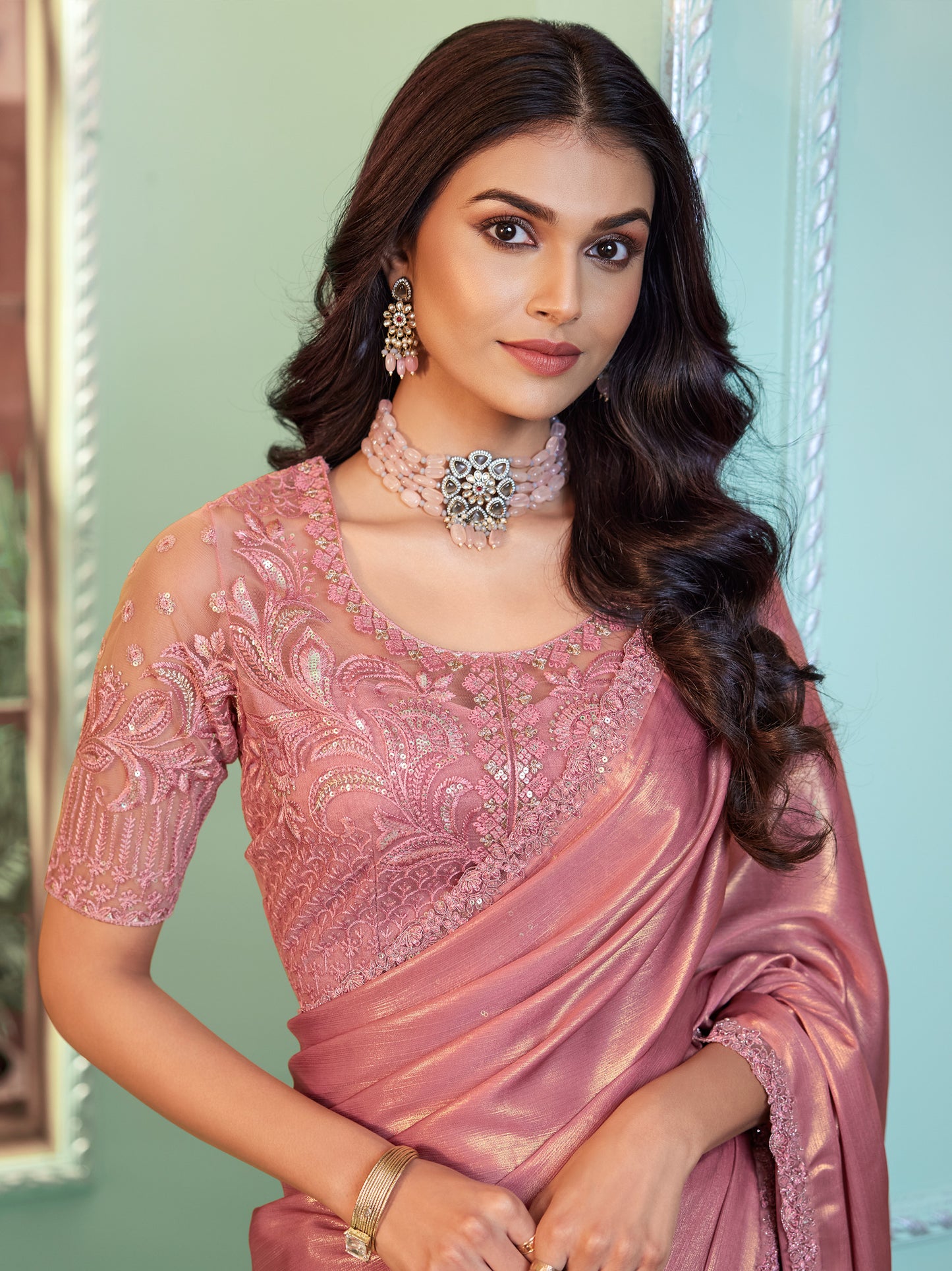Women's Georgette Pink Embellished Designer Saree With Blouse Piece