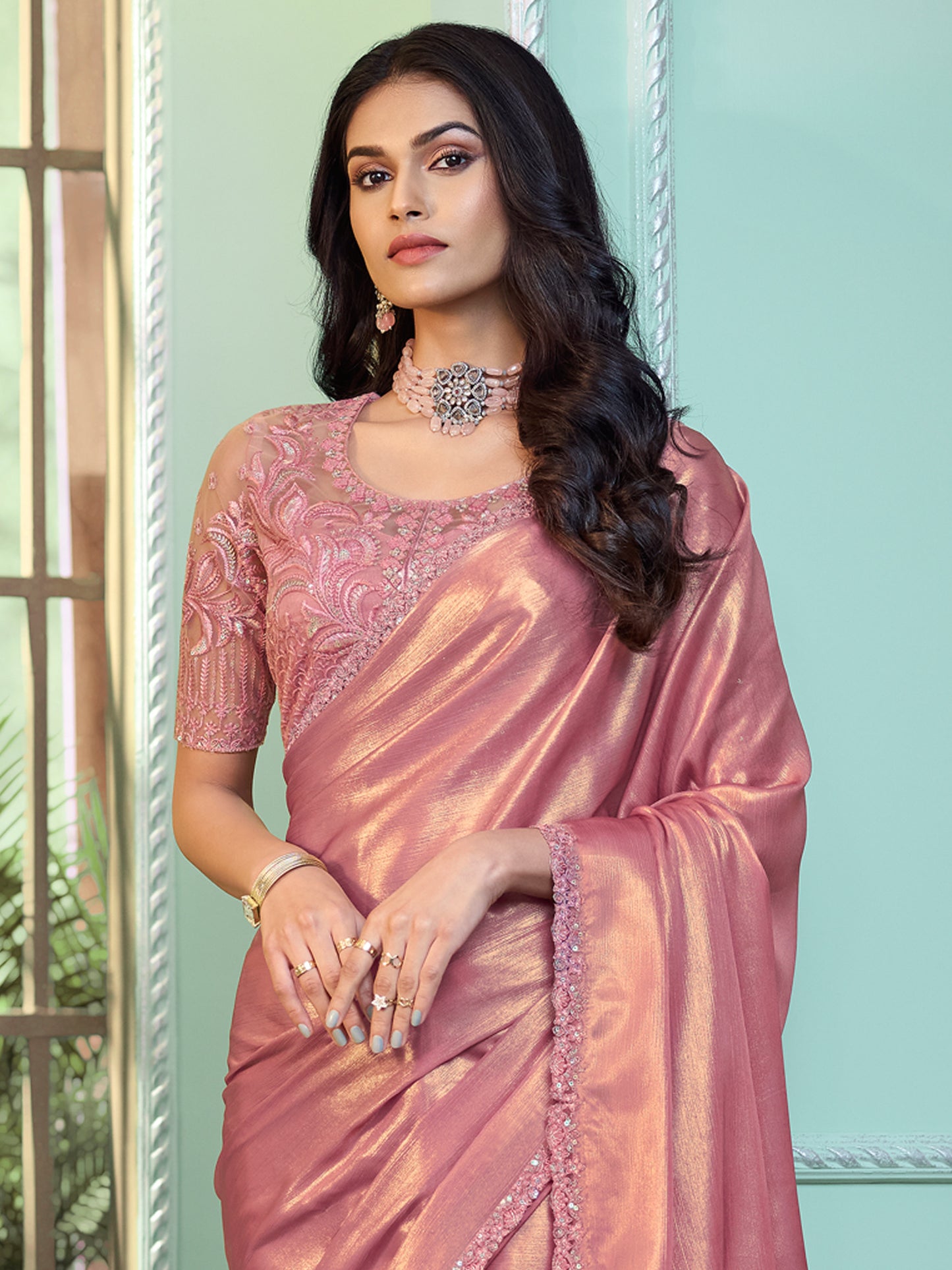 Women's Georgette Pink Embellished Designer Saree With Blouse Piece