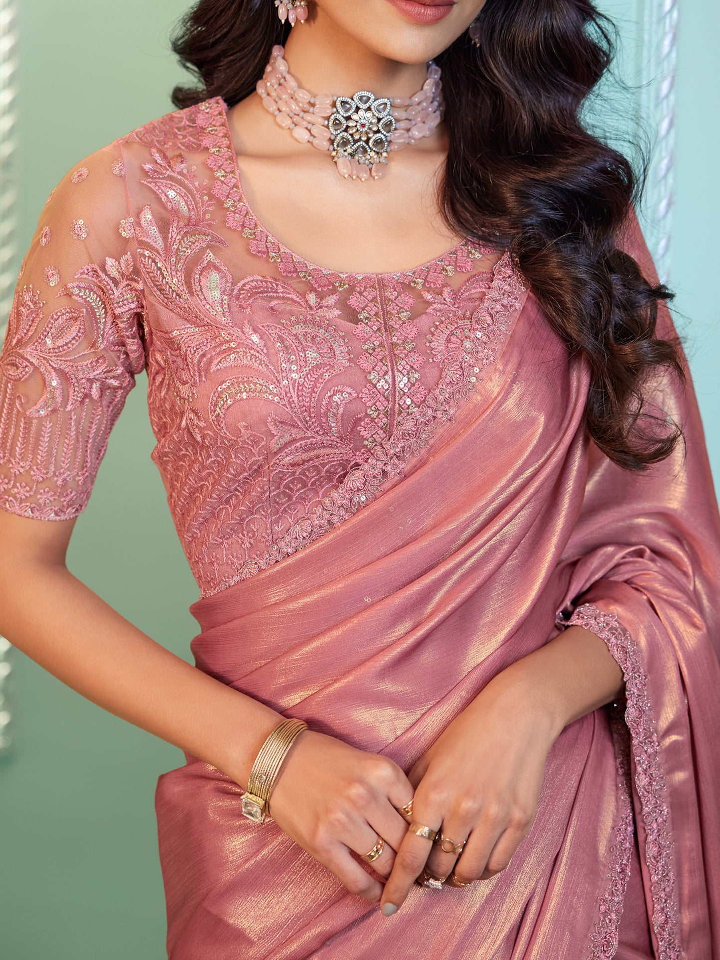 Women's Georgette Pink Embellished Designer Saree With Blouse Piece
