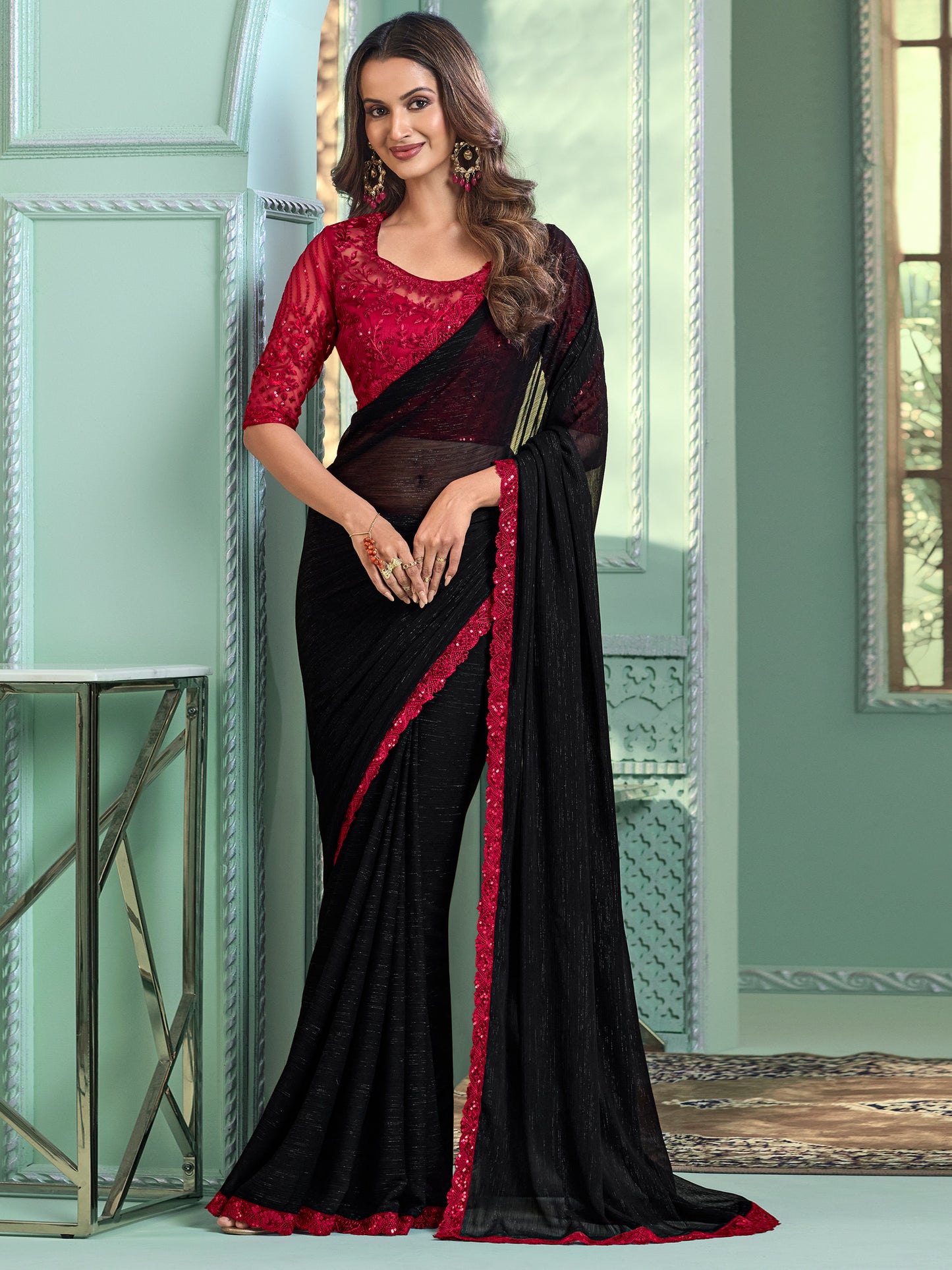 Women's Chiffon Black Embellished Designer Saree With Blouse Piece