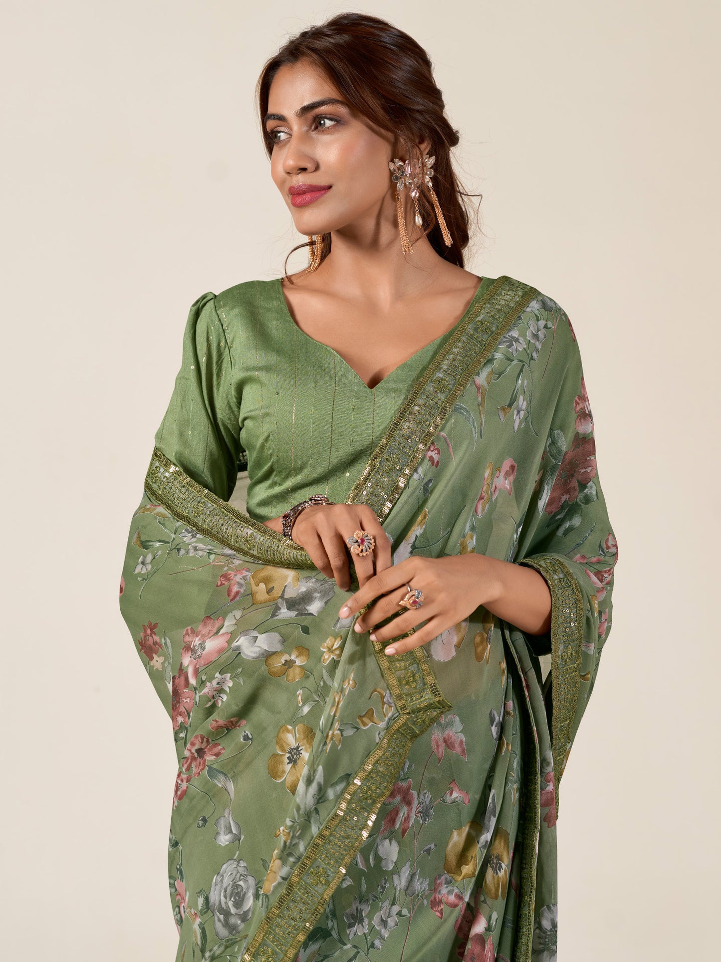 Women's Georgette Olive Embellished Designer Saree With Blouse Piece