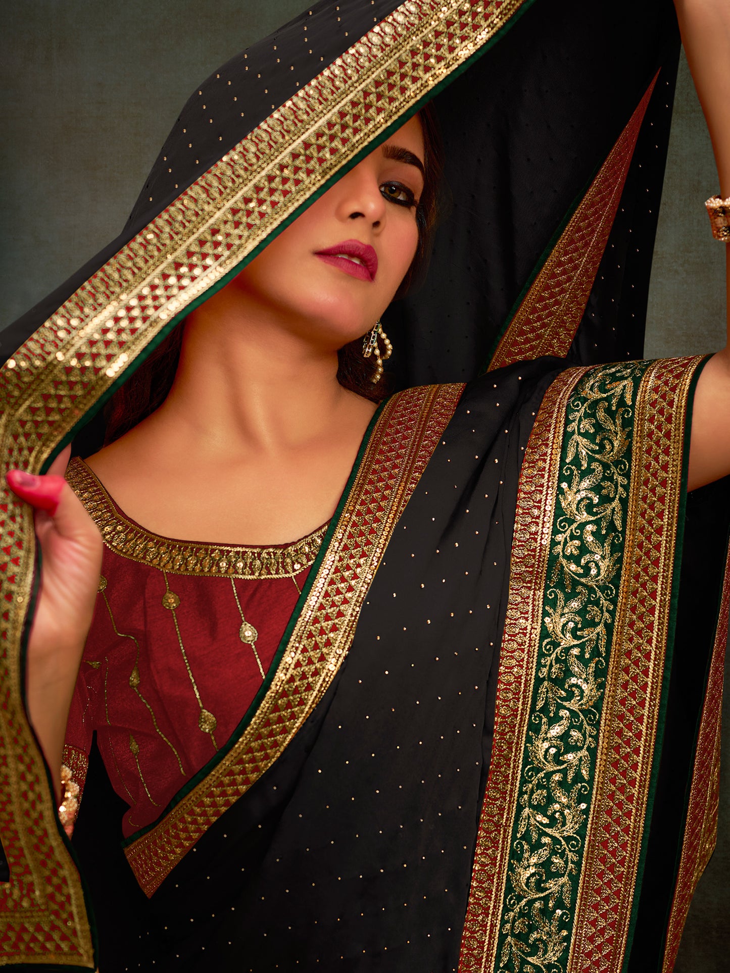 Women's Satin Silk Maroon Embroidered Designer Saree With Blouse Piece