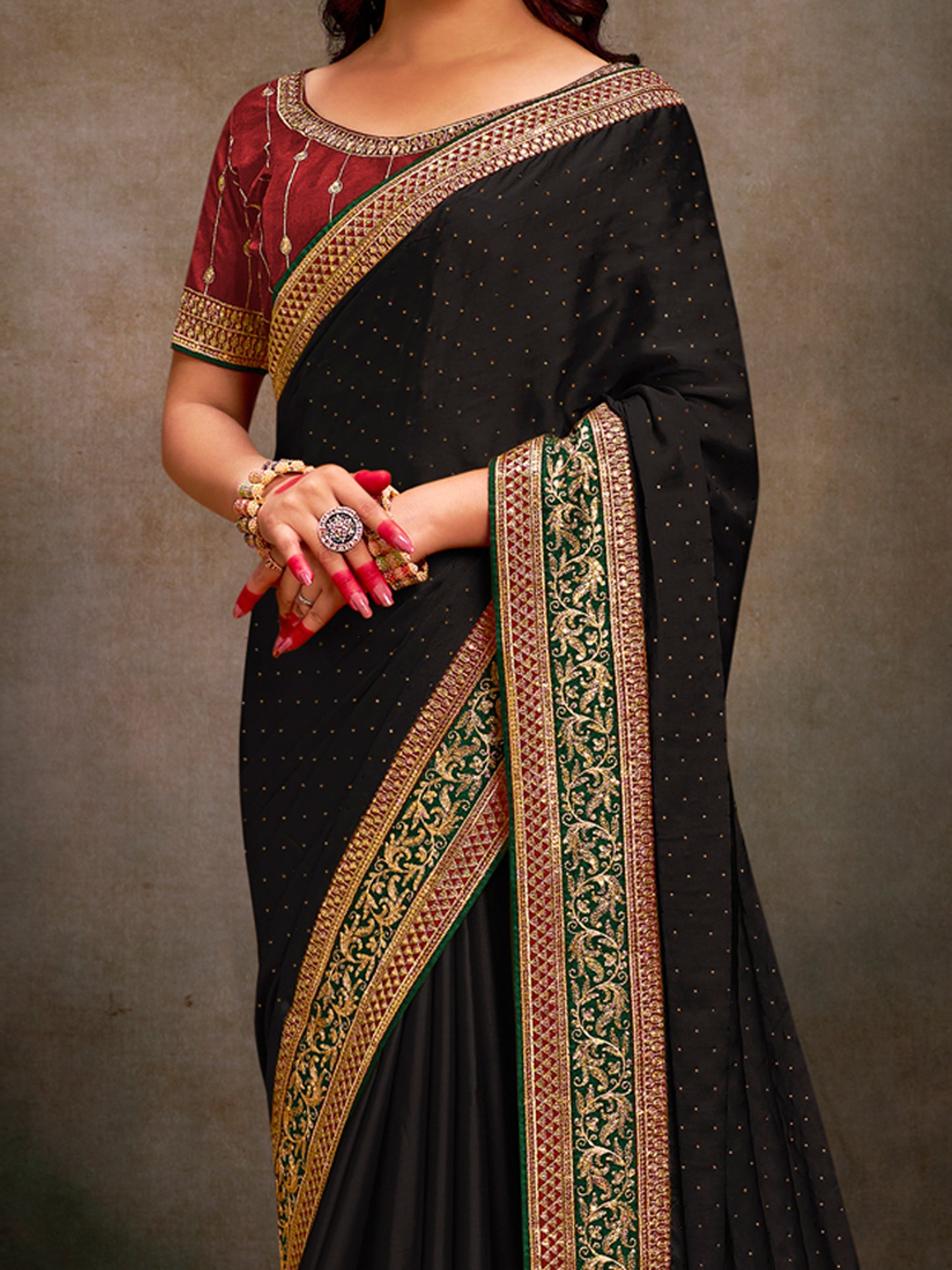 Women's Satin Silk Maroon Embroidered Designer Saree With Blouse Piece